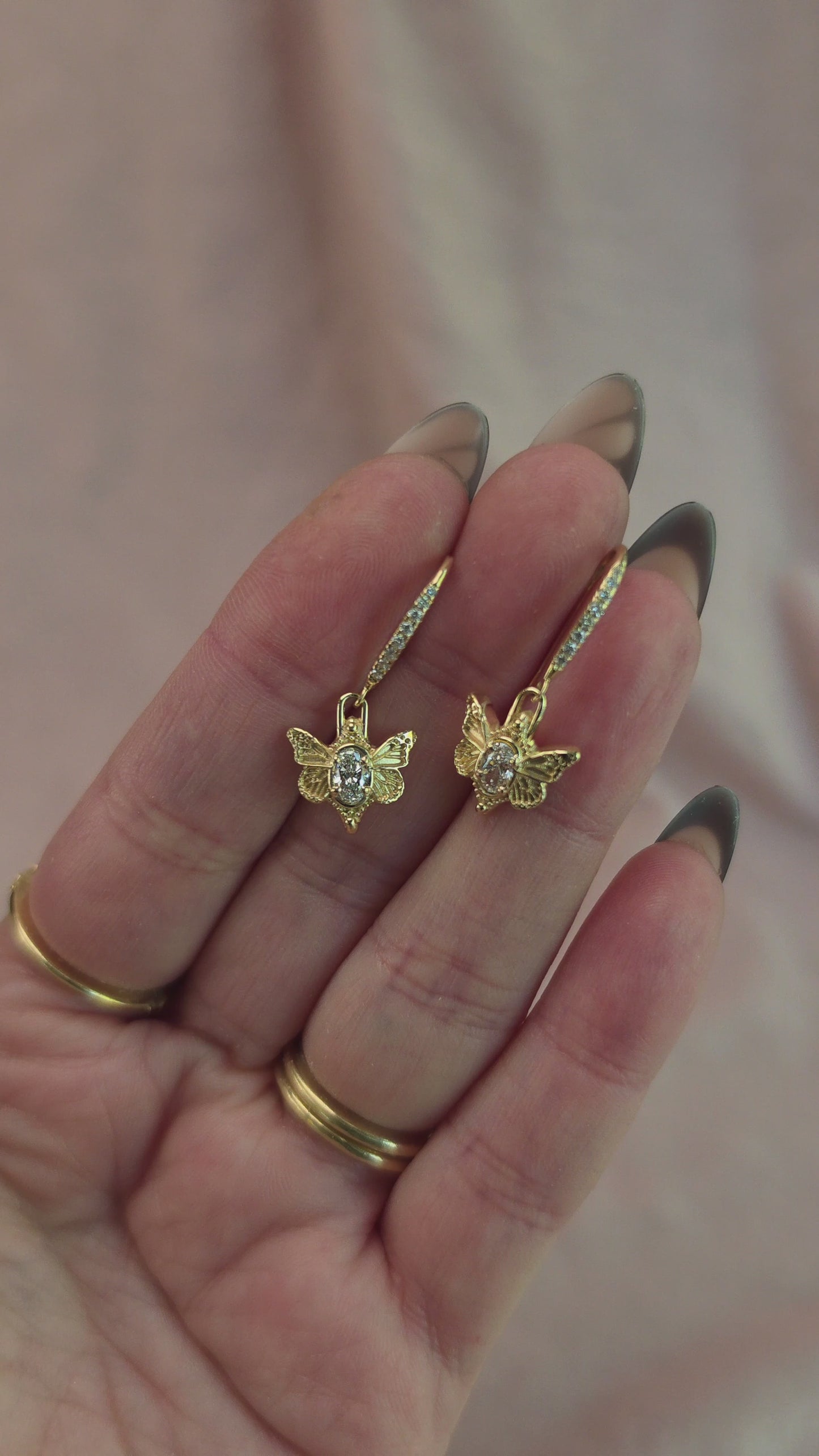 Load and play video in Gallery viewer, Moth Maiden Diamond Earrings - 14k Gold Bug Fine Jewelry

