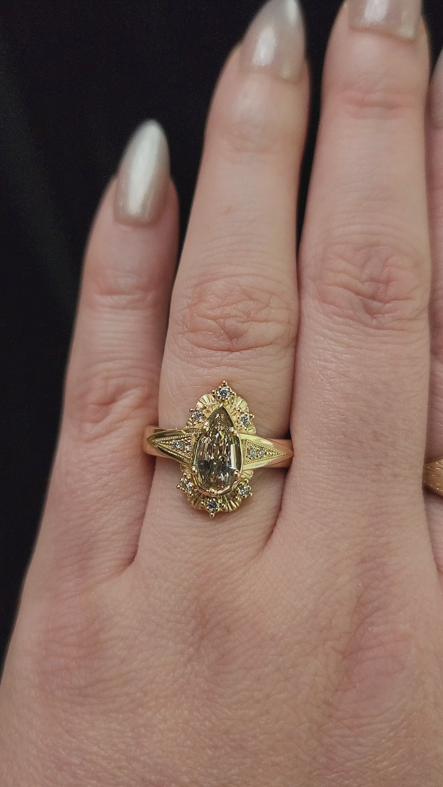 Load and play video in Gallery viewer, Lady Anne Wide Band Art Deco Tudor Ring with Natural Champagne Geometric Step Cut Pear Diamond 14k Yellow Gold video
