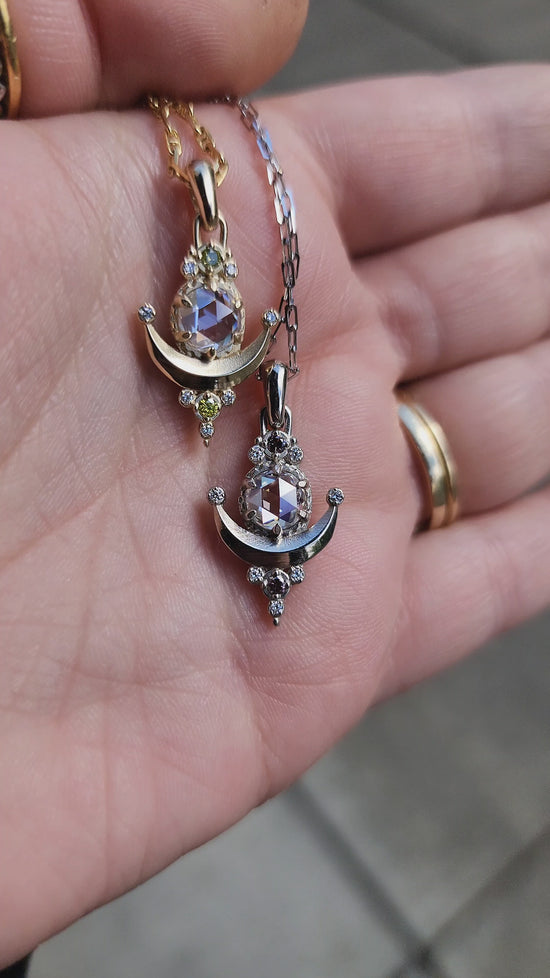 Load and play video in Gallery viewer, Ready to Ship - Rose Cut Moissanite Moon Drop Pendants with Irradiated Purple or Yellow Diamonds - 14k Yellow Gold &amp;amp; 14k White Gold
