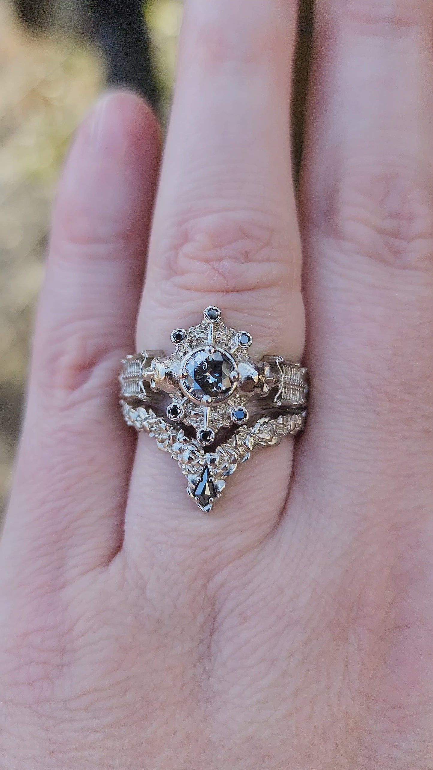 Load and play video in Gallery viewer, Gothic Salt &amp;amp; Pepper Diamond Skeleton Ring with Kite Rock Side Band image video
