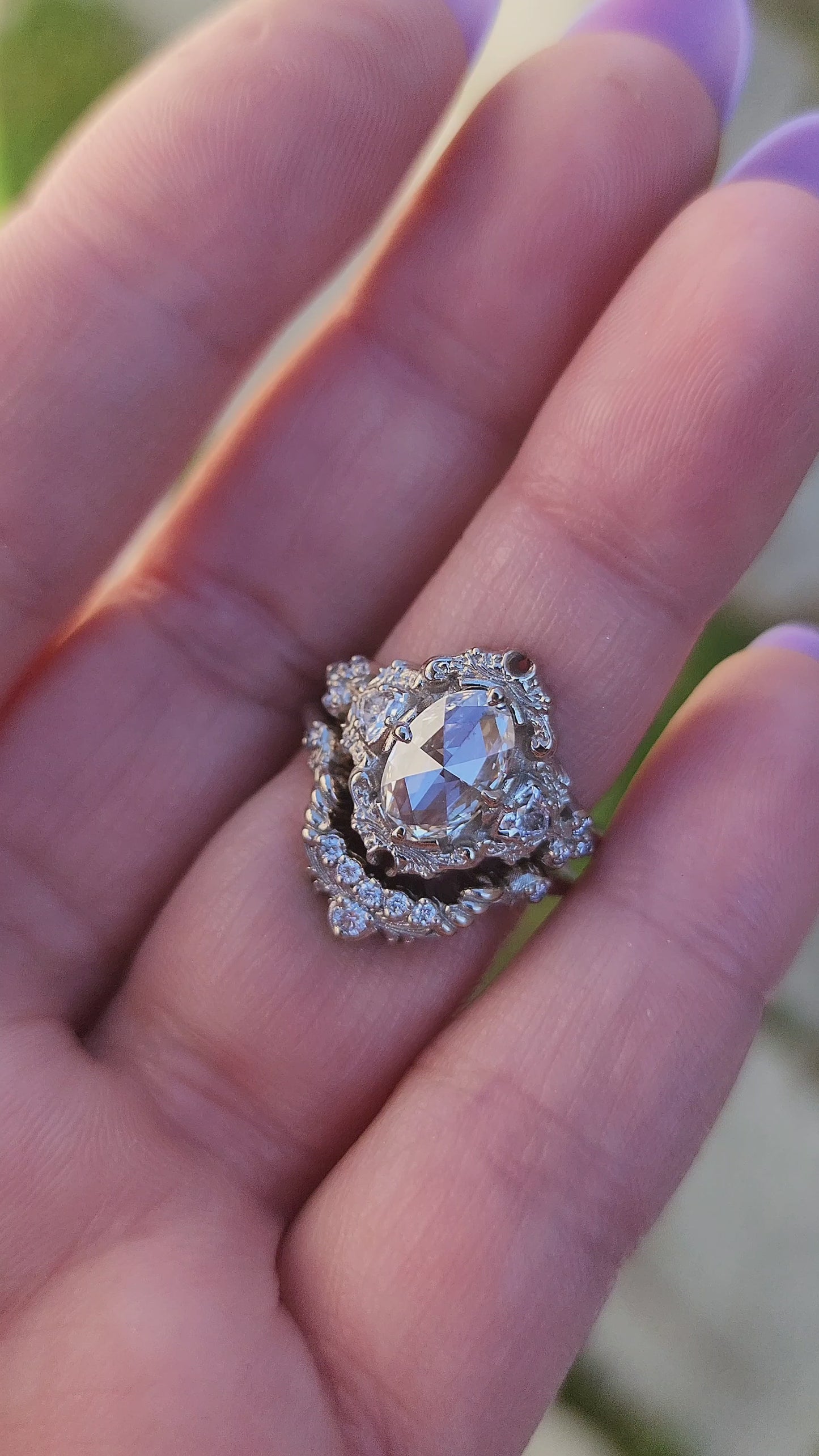 Load and play video in Gallery viewer, rose cut oval diamond antique victorian styled wedding ring set with trillions and scrolls in 14k white gold video
