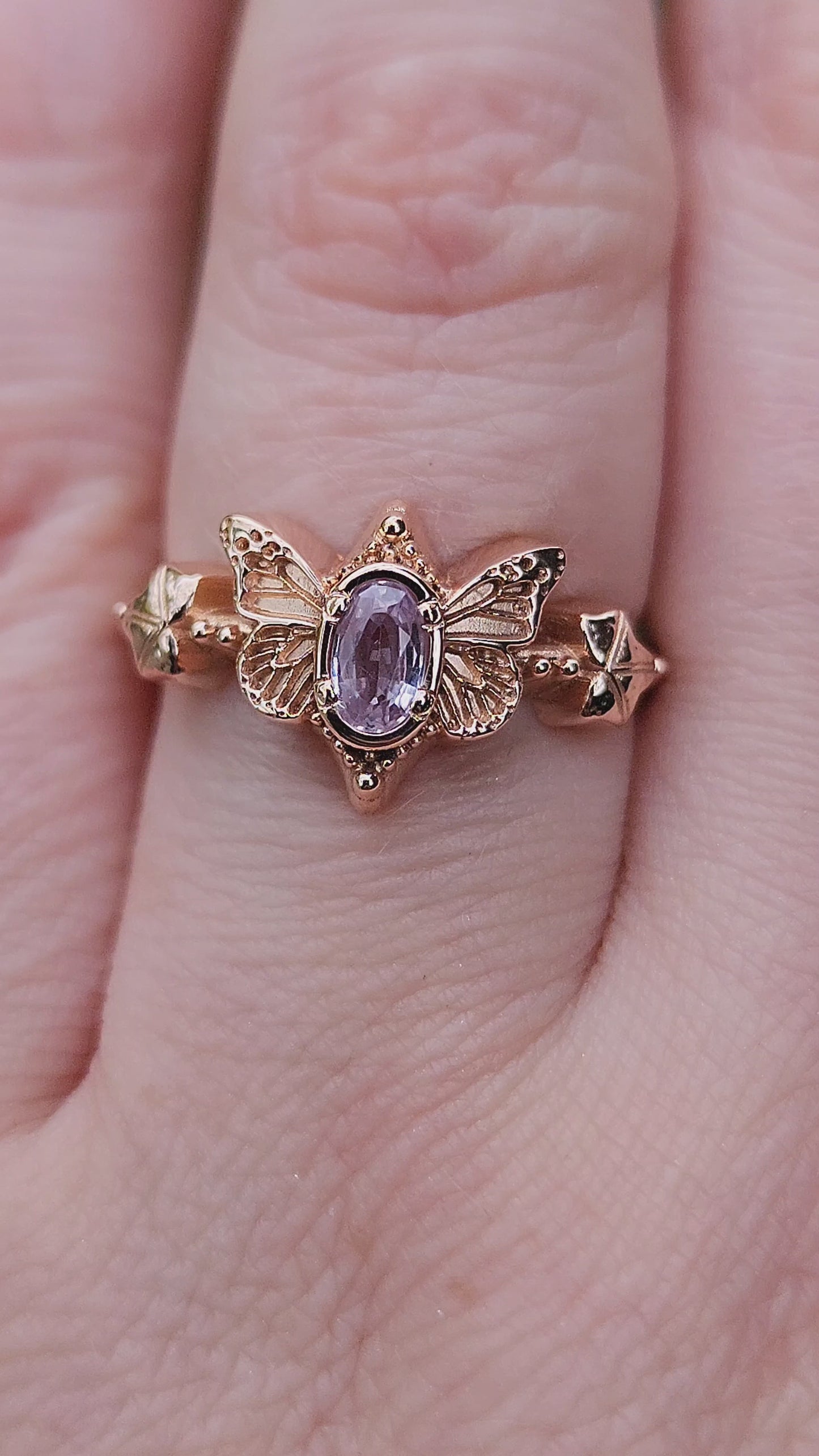 Load and play video in Gallery viewer, Butterfly Faerie Ring with Lavender Sapphire Fairy Fantasy Engagement with Ivy Leaf Fairytale 14k Rose Gold - Ready to Ship Size 6-8
