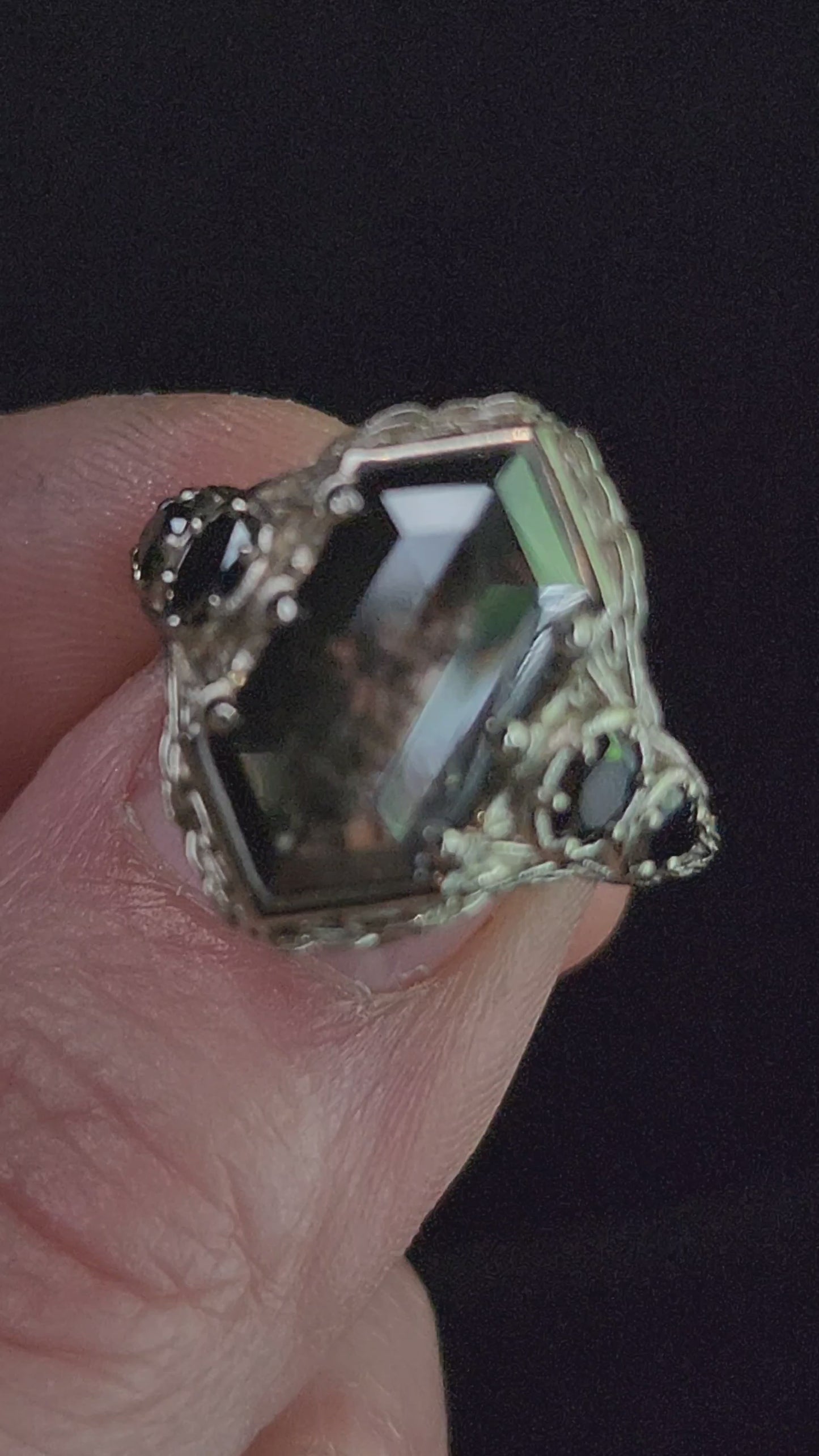 Load and play video in Gallery viewer, bramble setting with rose cut hexagon lab salt pepper diamond black diamond oval and pear gothic engagement ring video 1
