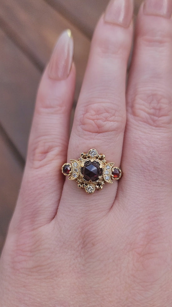 Load and play video in Gallery viewer, Ready to Ship Size 6 - 8 Rose Cut Red Garnet Cosmos Engagement Ring with Honey Champagne Diamonds - 14k Yellow Gold

