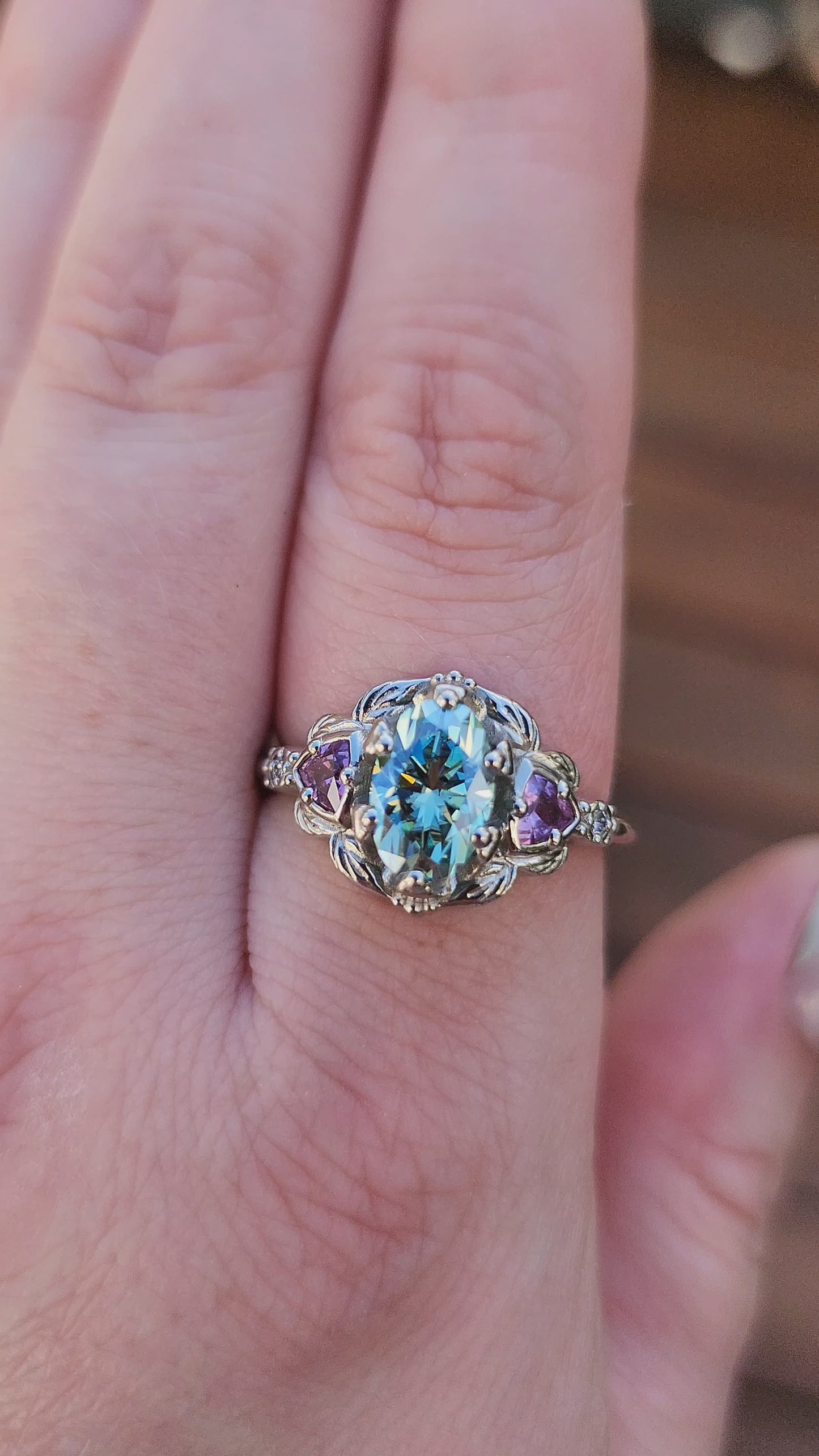 Load and play video in Gallery viewer, Dream Garden leaf trillion nature engagement ring prong set fantasy fairytale engagement right hand ring video
