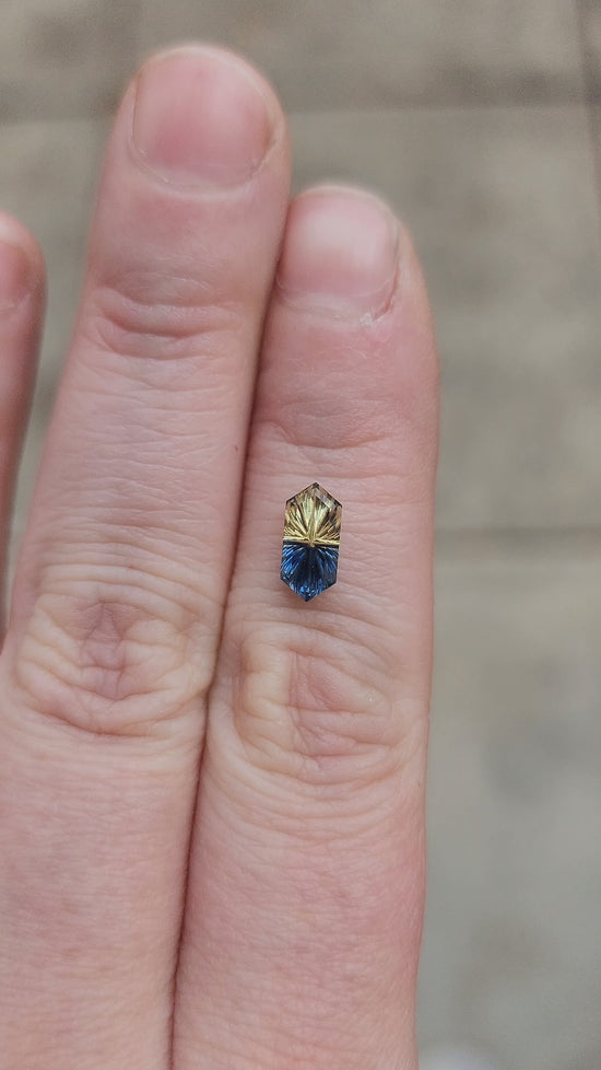 Load and play video in Gallery viewer, .97ct Natural Fantasy Parti Australian Sapphire Elongated Hexagon Duchess
