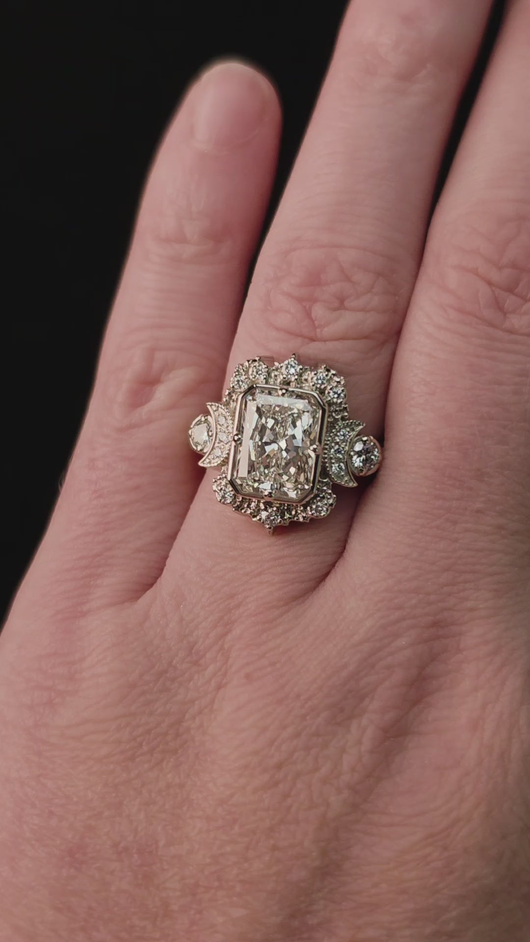 Load and play video in Gallery viewer, Ready to Ship Size 6 - 8 - 3.03ct Radiant Diamond Selene Moon Goddess Ring 14k Palladium White Gold
