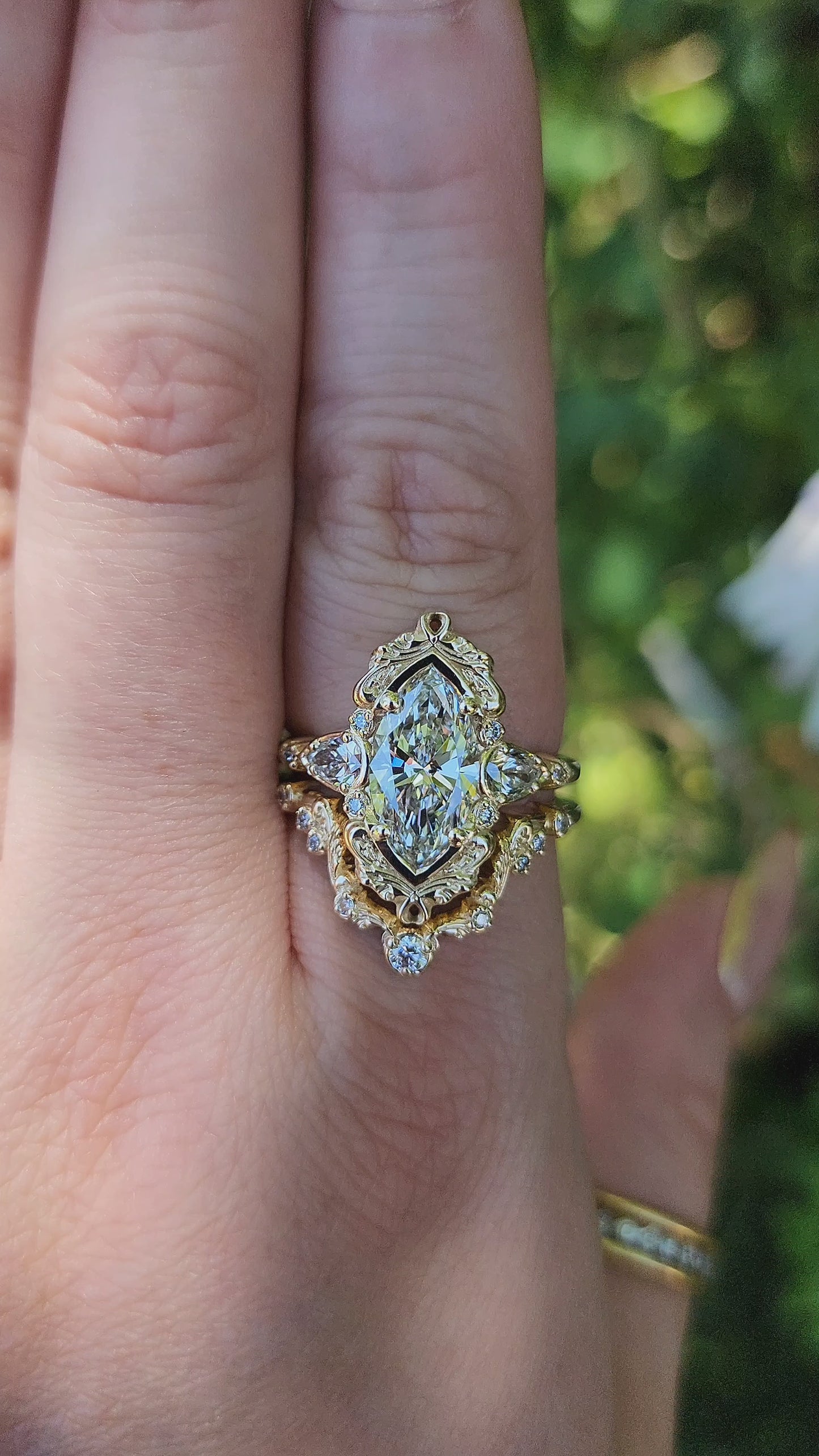 Load and play video in Gallery viewer, 2.21ct Lab Diamond Odette Marquise Engagement Ring Set filigree details baroque ready to ship video 1
