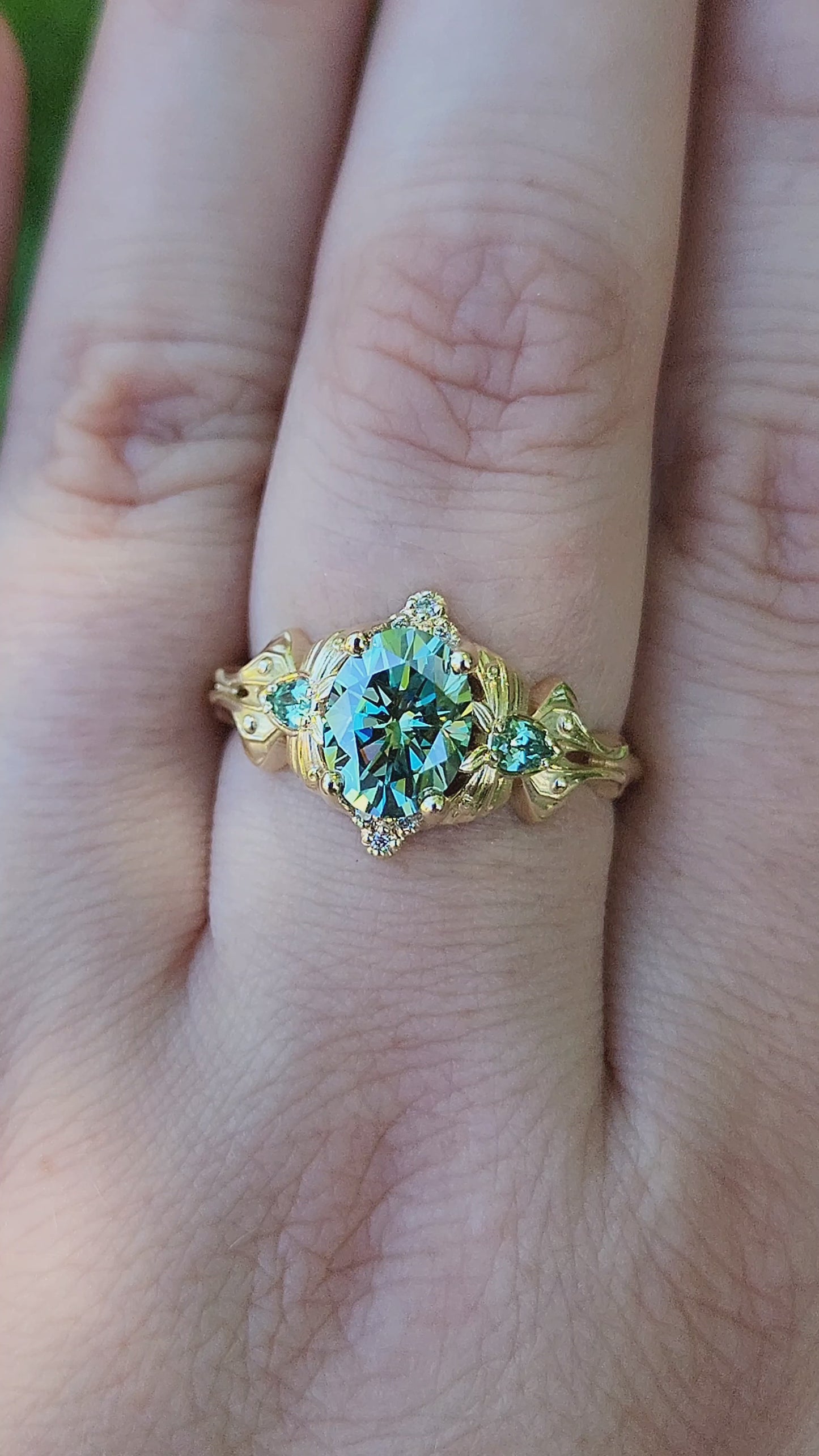 Load and play video in Gallery viewer, Green Luna Moth Engagement Ring with Teal Moissanite &amp;amp; Chatham Chrysoberyl video 1
