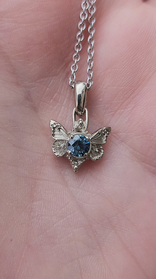 Load and play video in Gallery viewer, Butterfly Faerie Pendant with Montana Sapphire - 14k Gold Fairytale Fantasy Necklace - Pick Your Center Stone
