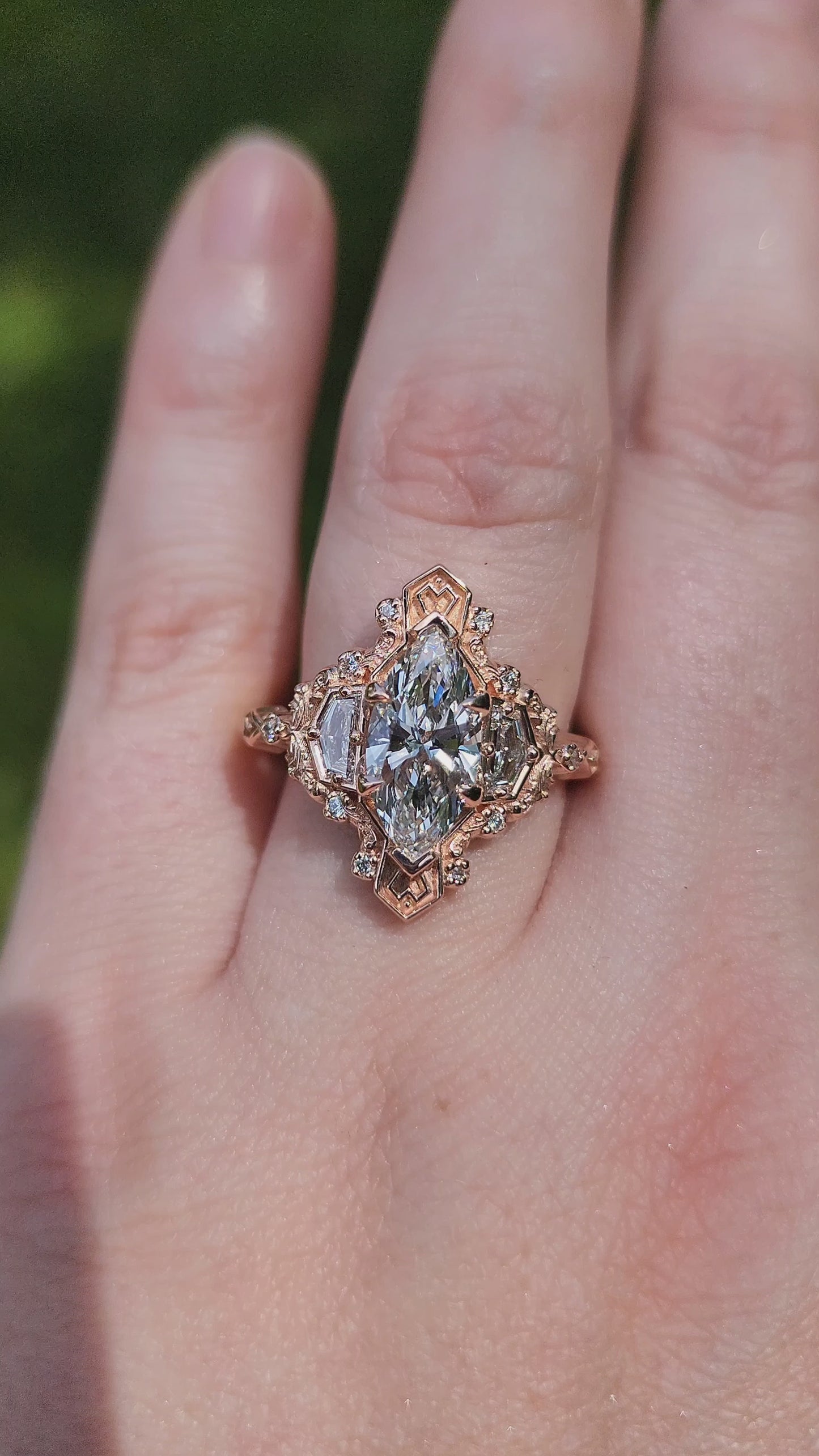 Load and play video in Gallery viewer, 1.74ct Lab Diamond Marquise Lady Guinevere Engagement Ring 14k Rose Gold video
