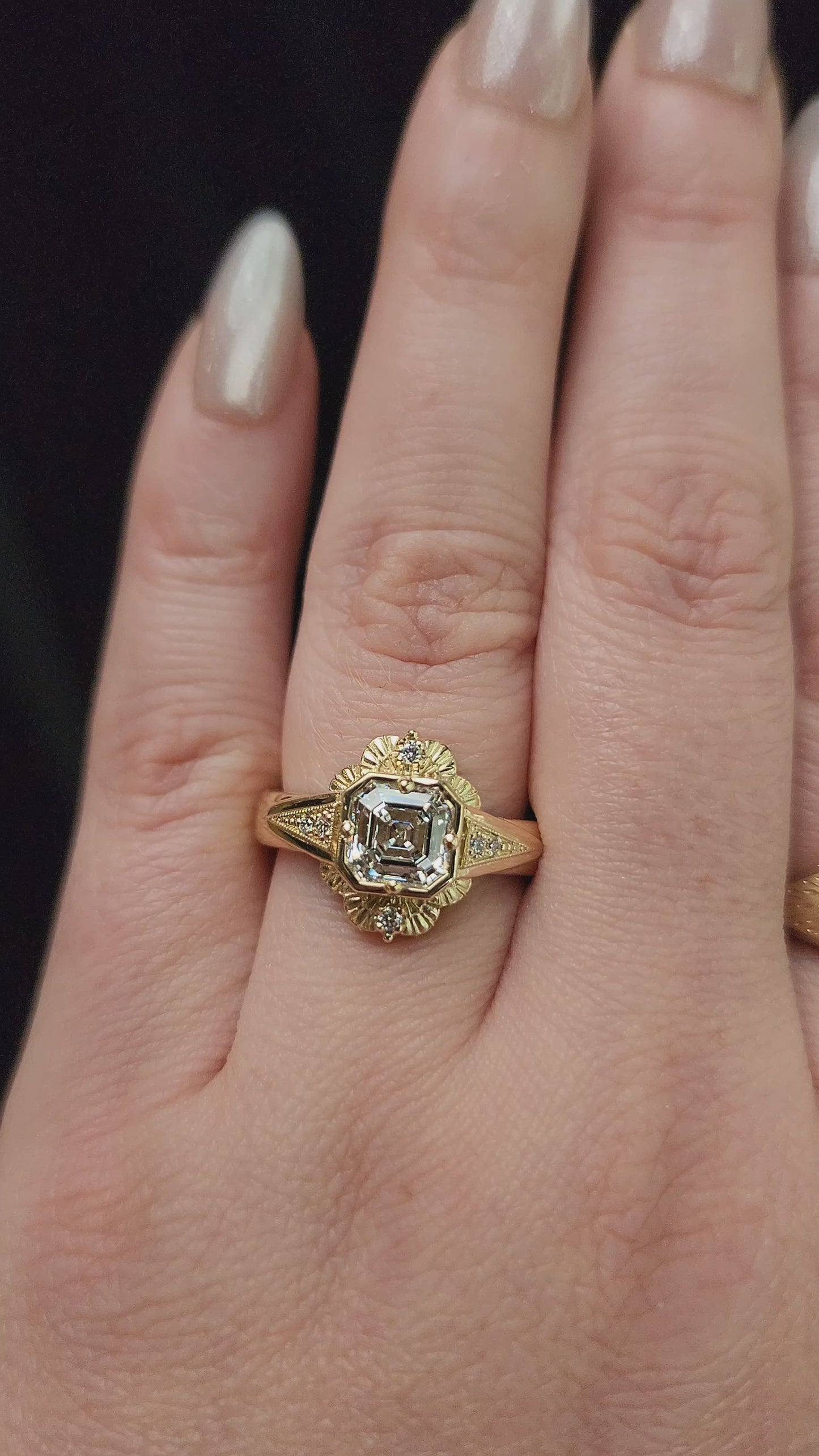 Load and play video in Gallery viewer, Lady Mary Art Deco Tudor Wide Band Ring with Asscher Diamond in Yellow Gold video
