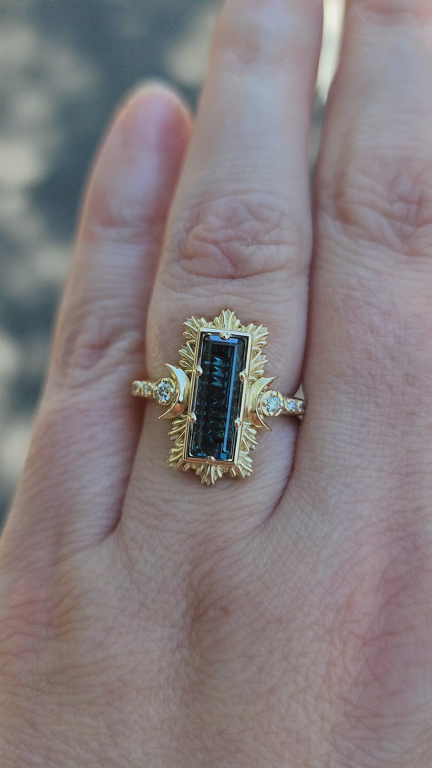 Load and play video in Gallery viewer, Fantasy Cut Baguette Indicolite Tourmaline Moon Fire Ring 14k Yellow Gold video
