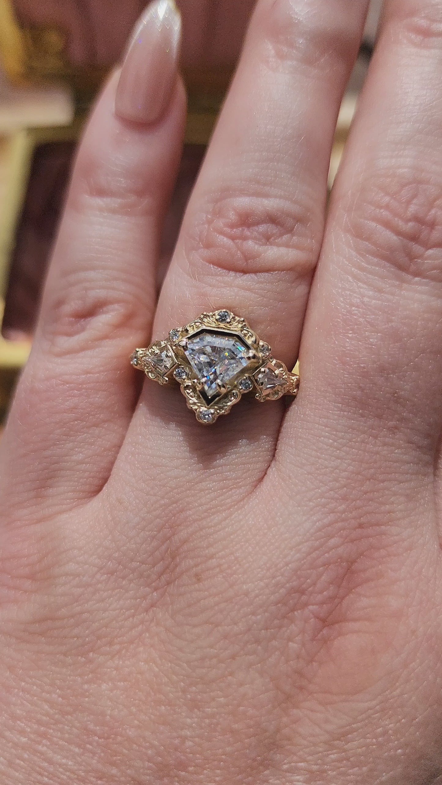 Load and play video in Gallery viewer, Odessa Art Deco Engagement Ring with Kite Side Stones and Delicate Gold Scrolls video 3

