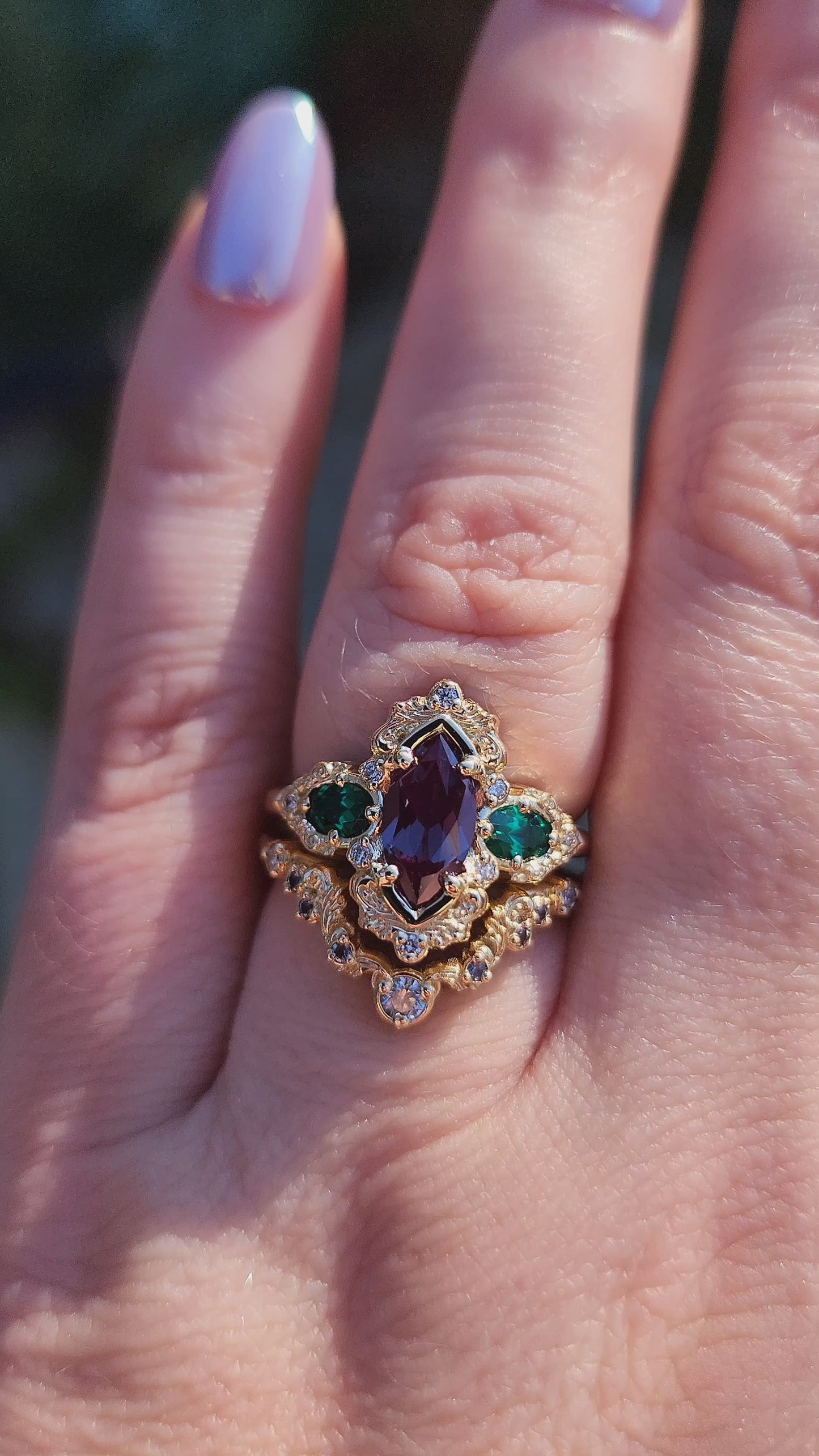 Load and play video in Gallery viewer, Alexandrite and Emerald gold filigree engagement ring set with diamonds 14k yellow gold video

