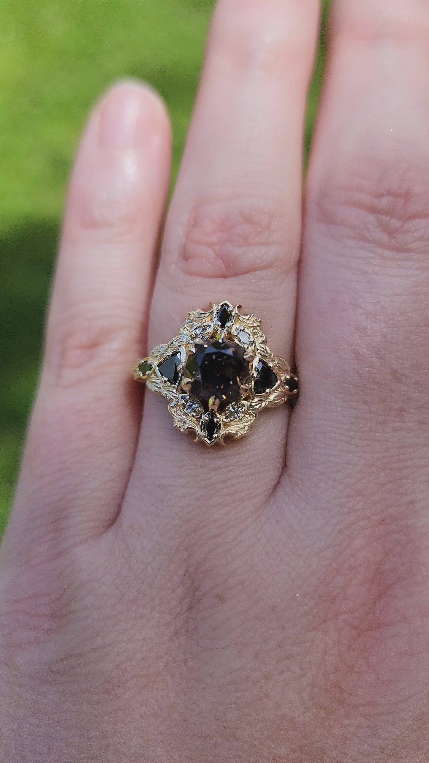 Load and play video in Gallery viewer, Old European Cut Cushion Montana Sapphire Athena Ring 14k Yellow Gold video 2
