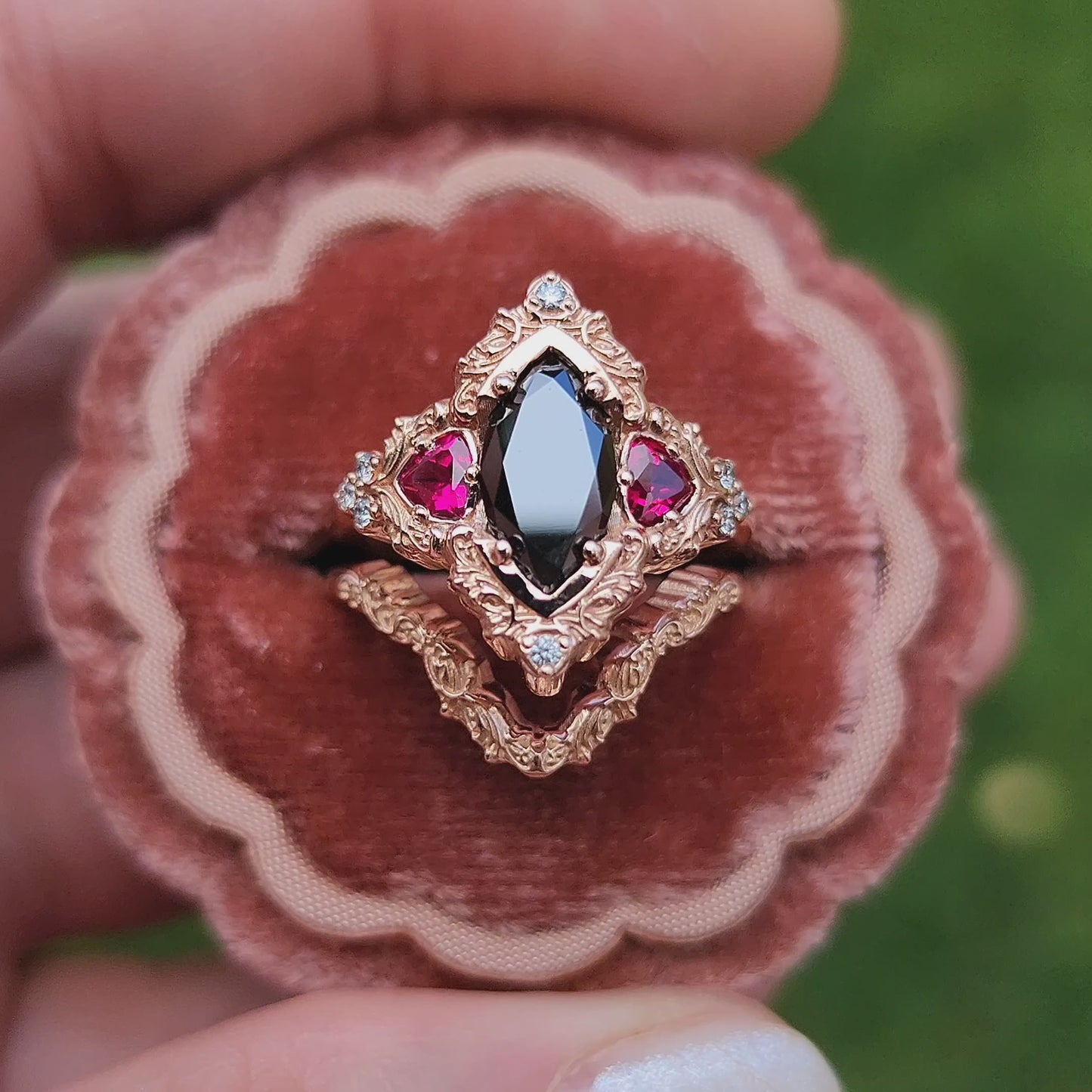 Load and play video in Gallery viewer, Marquise Black Diamond &amp;amp; Ruby Delilah Delicate Engagement Ring Set in 14k Rose Gold video 1
