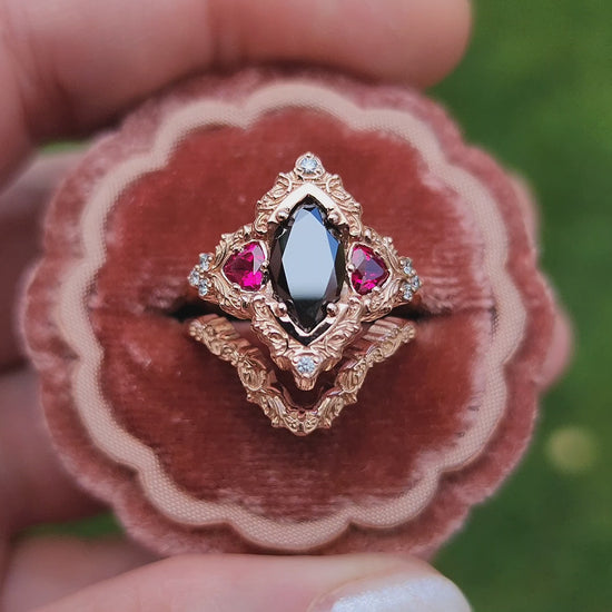 Load and play video in Gallery viewer, Marquise Black Diamond &amp;amp; Ruby Delilah Delicate Engagement Ring Set in 14k Rose Gold video 1
