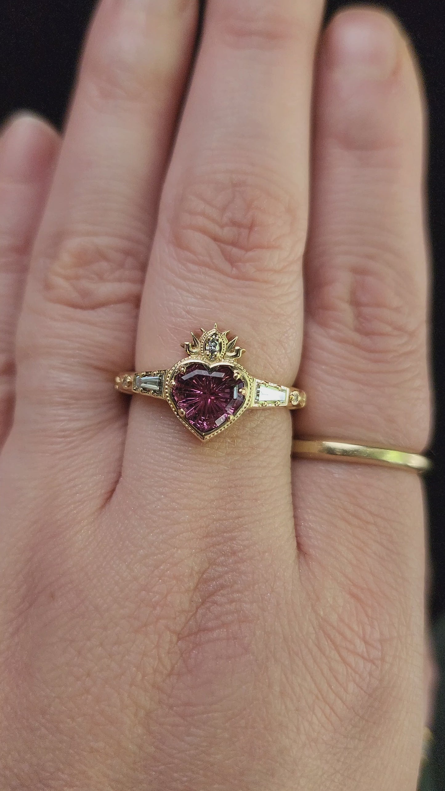 Load and play video in Gallery viewer, Cosmic Love Flaming Heart Ring with Pink Tourmaline 14k Yellow Gold video
