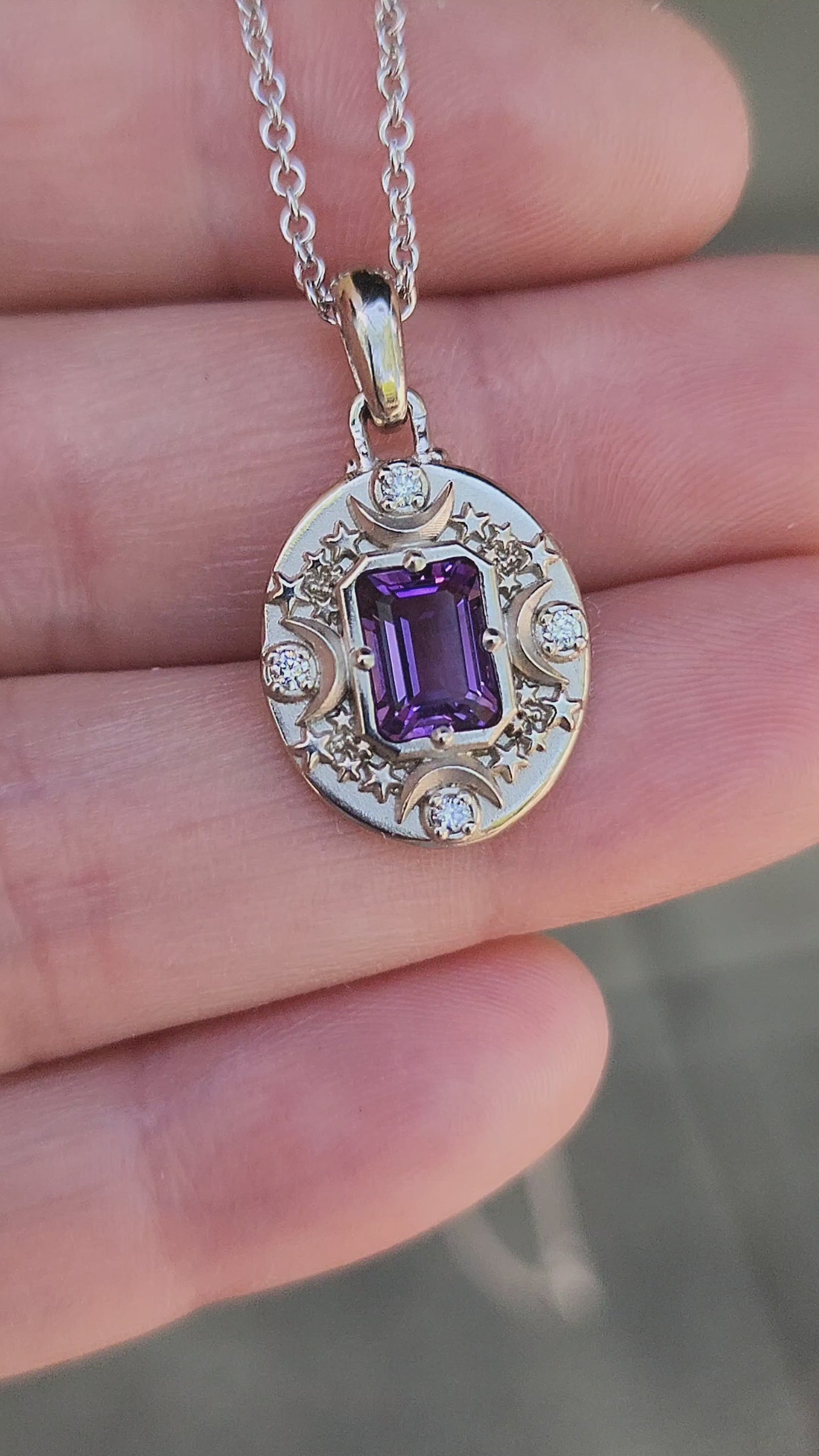 Load and play video in Gallery viewer, Amethyst Crescent Moon &amp;amp; Stardust Medallion Pendant, 14k Gold Emerald Cut Purple Amethyst Diamonds Artemis Necklace by SwankMetalsmithing
