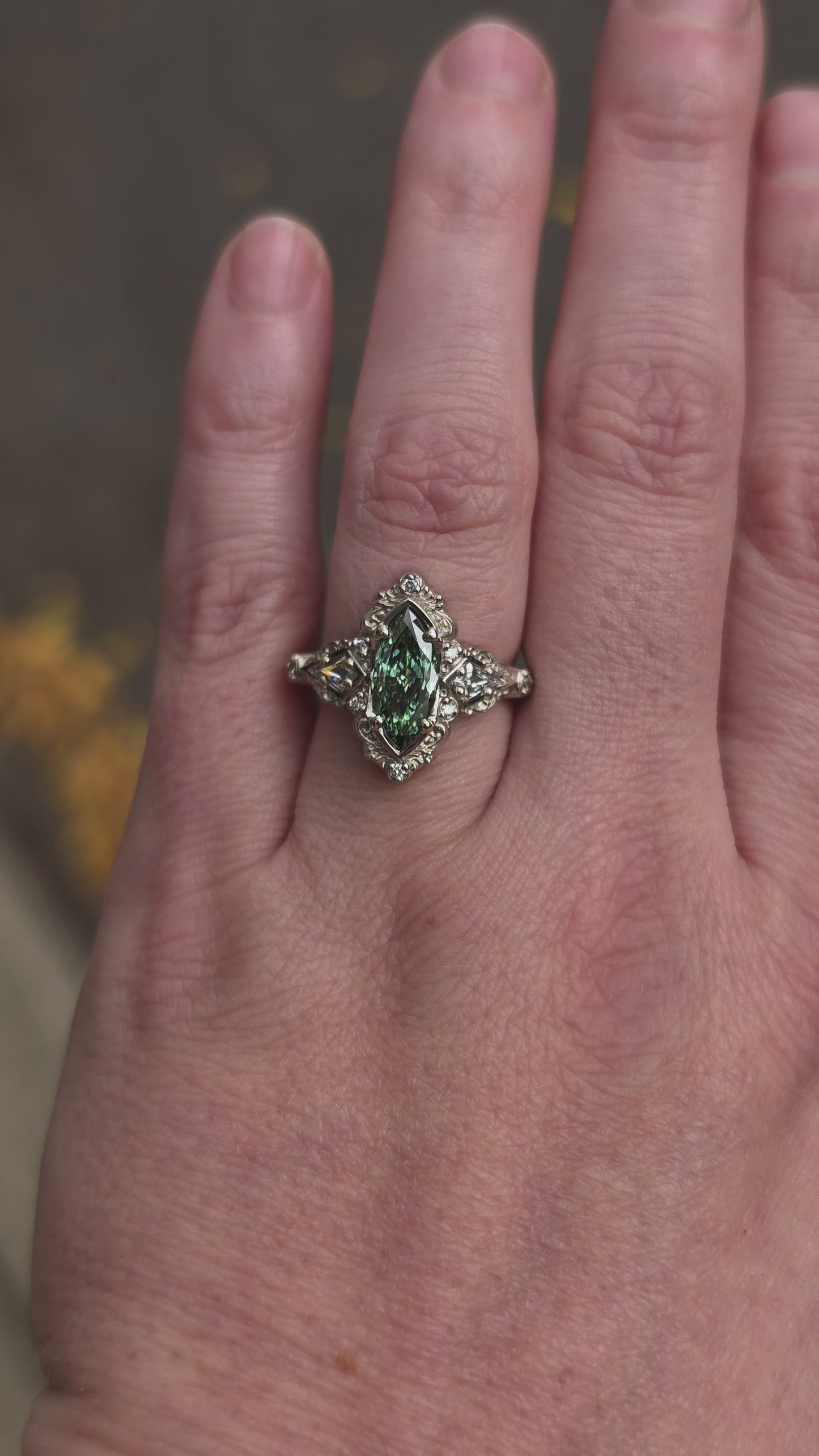 Load and play video in Gallery viewer, Ready to Ship Size 6-8 - Odessa Art Deco Engagement Ring with Green Marquise Diamond and Kite Side Stones - 14k Palladium White Gold
