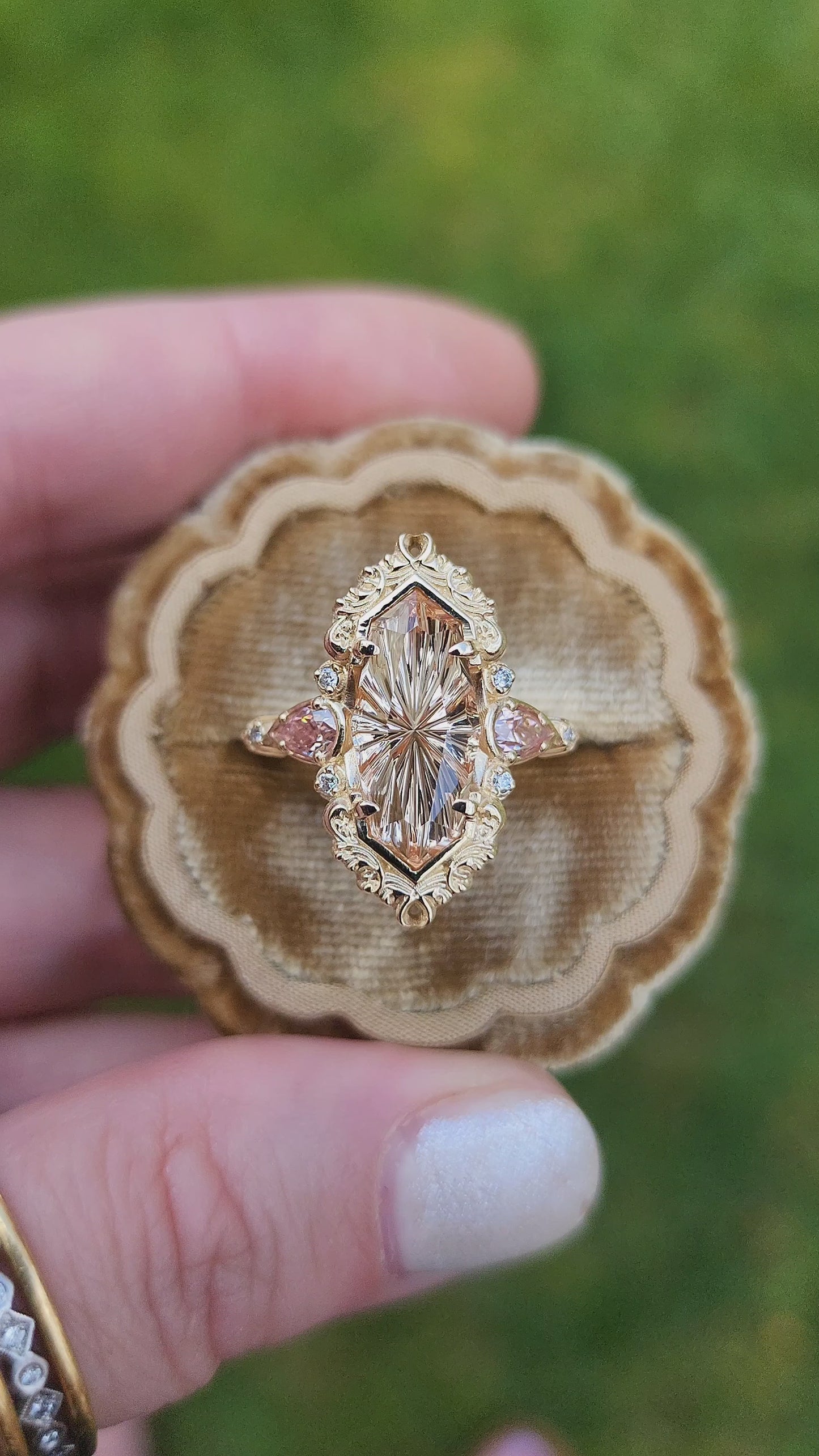 Load and play video in Gallery viewer, 3.98ct Fantasy Cut Imperial Topaz Odette Engagement Ring with Pink Moissanite Pears and Gold Scrolls Filigree 14k Yellow Gold video 2
