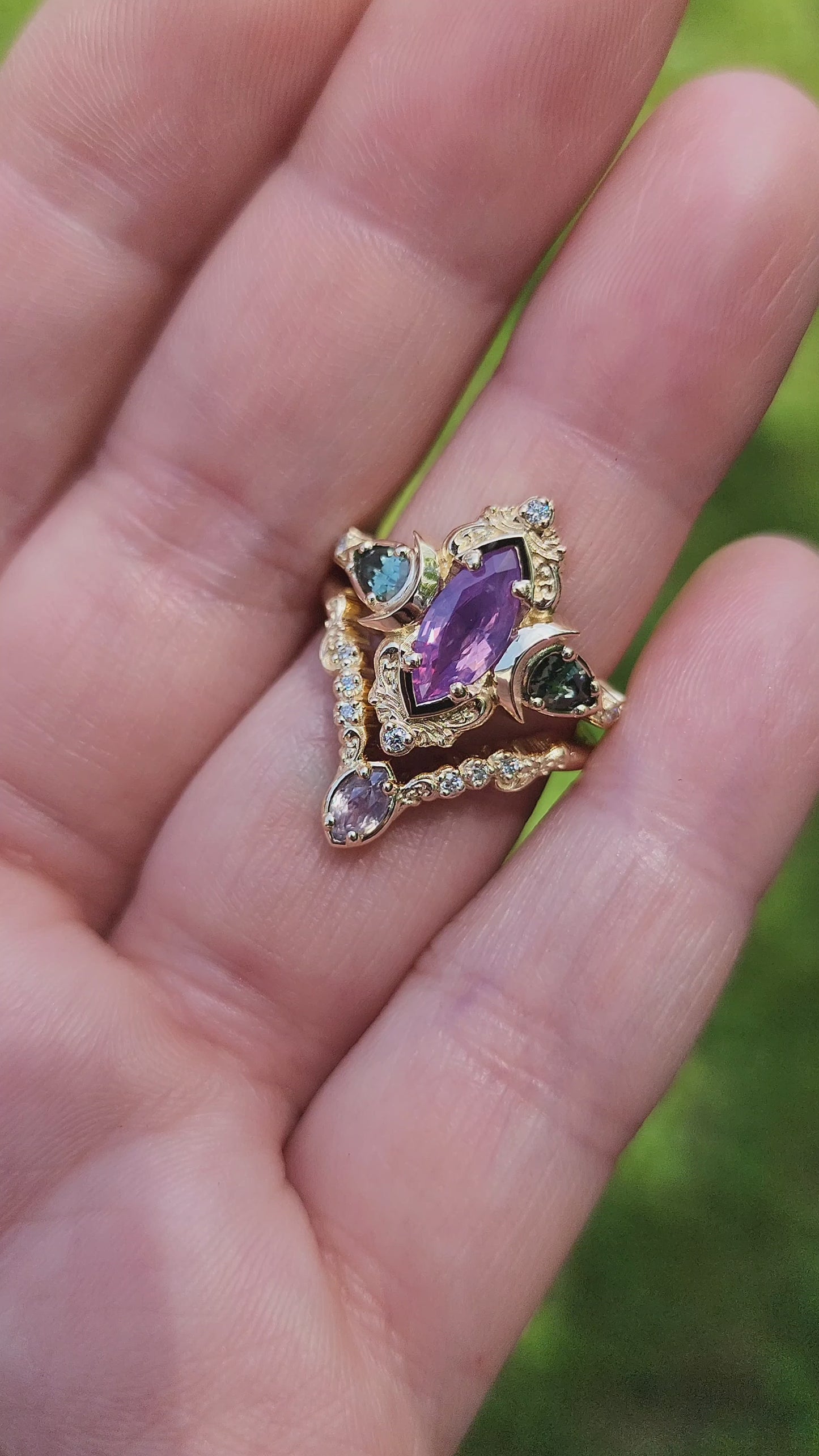 Load and play video in Gallery viewer, .83ct Natural Purple Opalescent Sapphire Marquise Moonlight Odette Ring Set 14k Yellow Gold video
