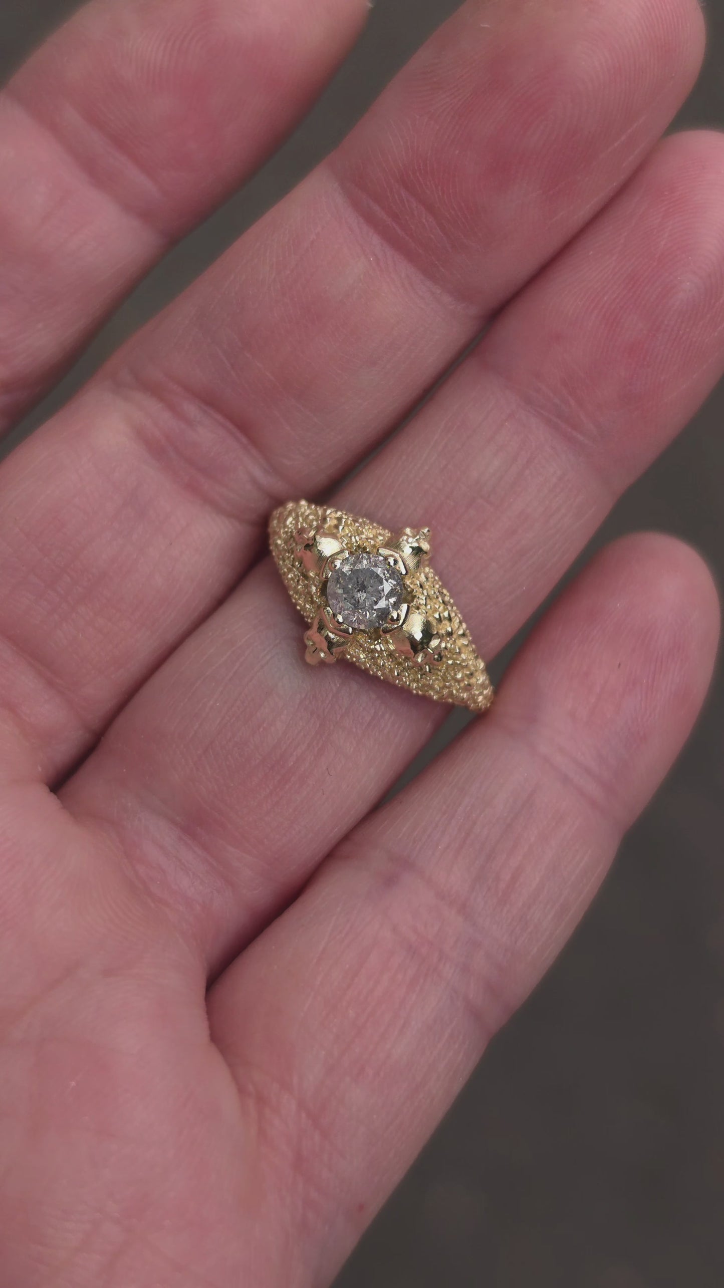Load and play video in Gallery viewer, Ready to Ship Size 4.5-6.5 - Catacomb 4 Skull Salt and Pepper Diamond Solitaire Gothic Engagement Ring - 14k Yellow Gold
