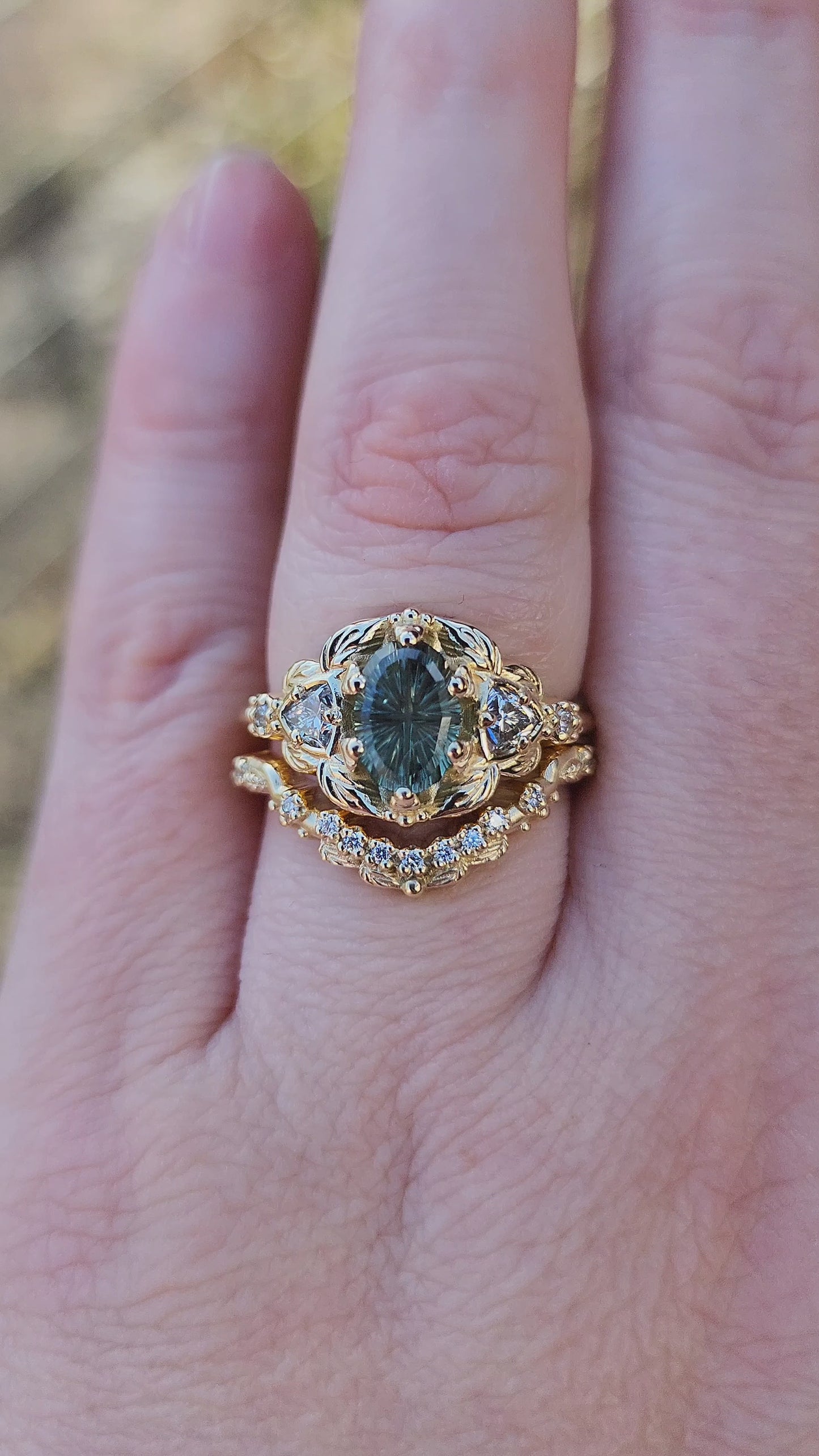 Load and play video in Gallery viewer, Dream Garden Engagement Ring Set 1.43ct Teal Unheated Montana Fantasy Cut Sapphire video

