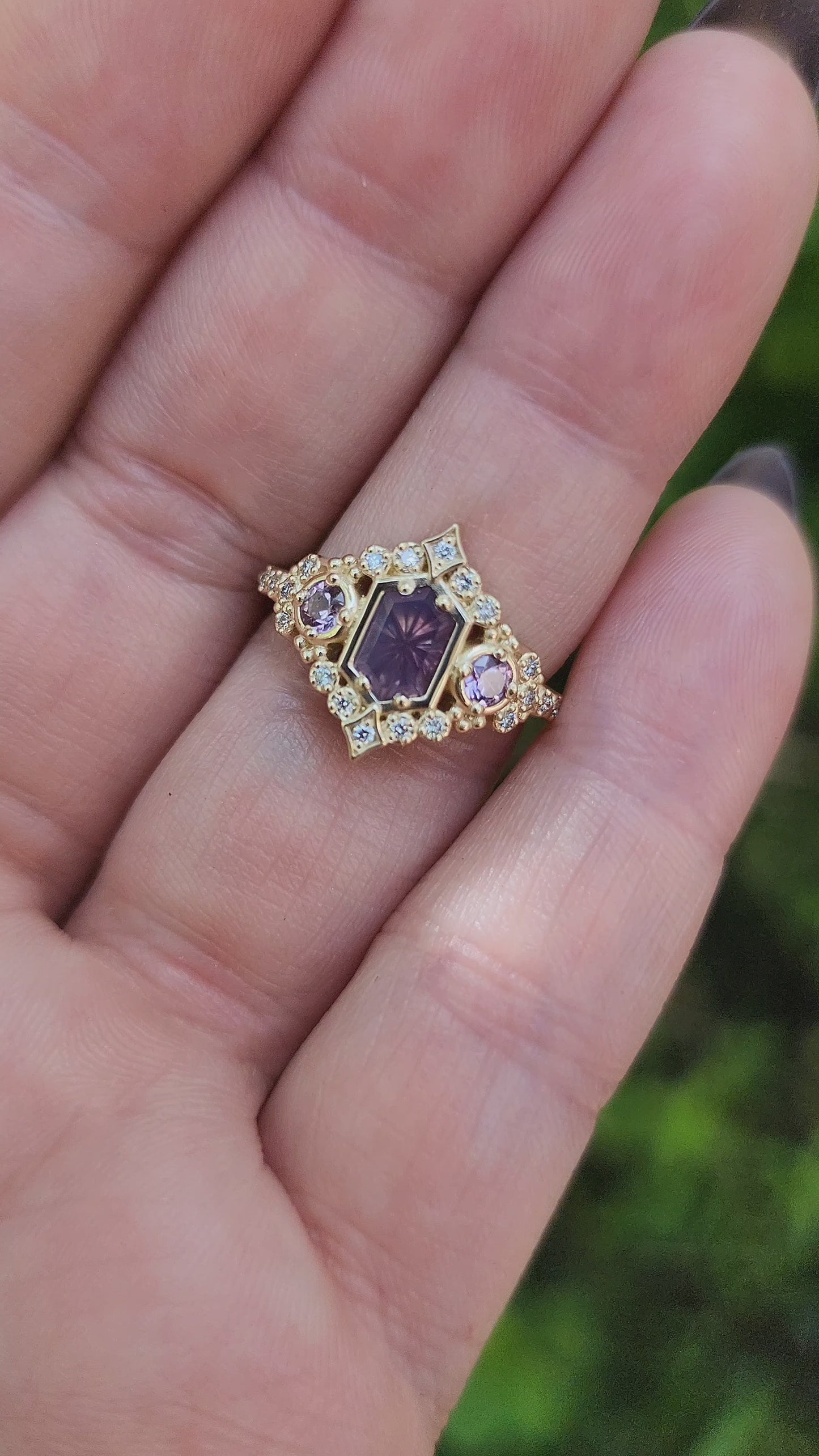 Load and play video in Gallery viewer, Fantasy cut Purple Kashmir Sapphire Victorian Engagement Ring by Swankmetalsmithing video
