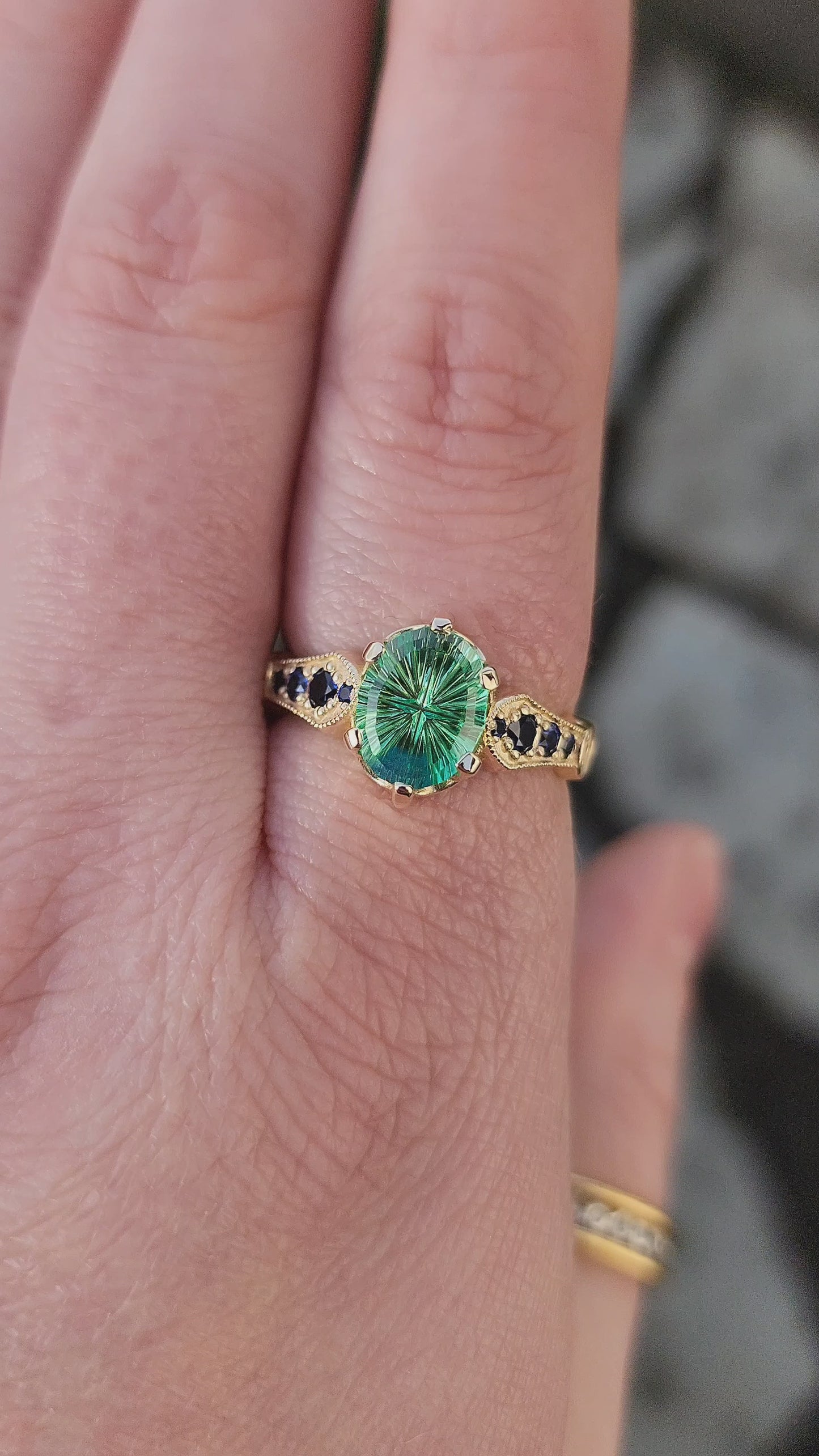 Load and play video in Gallery viewer, Hidden Rose Window with Fantasy Cut Oval Blue Green Lab Sapphire video
