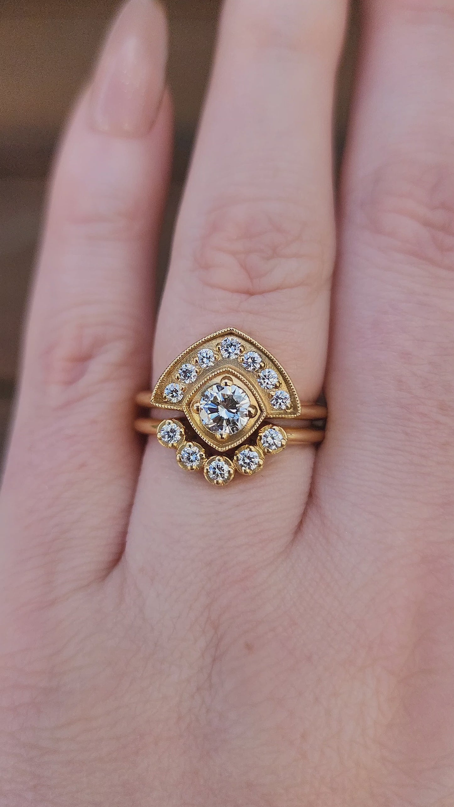 Load and play video in Gallery viewer, Art Deco Natural Diamond Fan Engagement Ring Set with Millgrain - 18k Yellow Gold video
