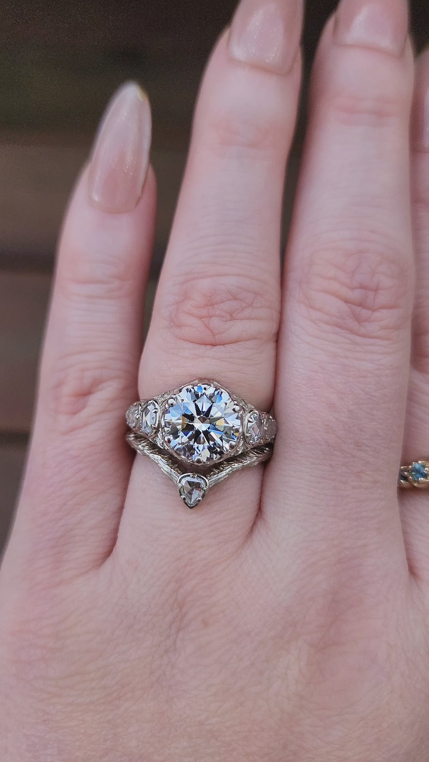 Load and play video in Gallery viewer, 3.03ct Diamond Bramble Engagement Ring with Rose Cut Oval &amp;amp; Pear Diamonds and Forest Chevron Wedding Band - 14k Palladium White Gold video
