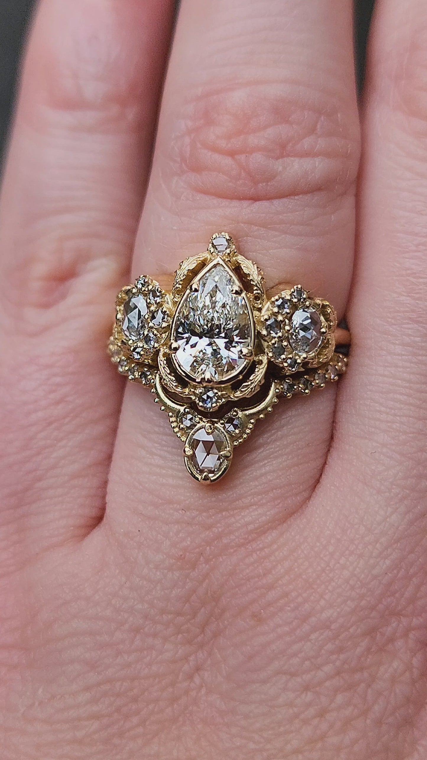 Load and play video in Gallery viewer, Goodnight Moon Ring with Rose Cut Diamonds and Fancy Gold Scrollwork - Fantasy Filigree 14k Gold Handmade Ring with Moissanite or Lab Diamond Pear Center Stone
