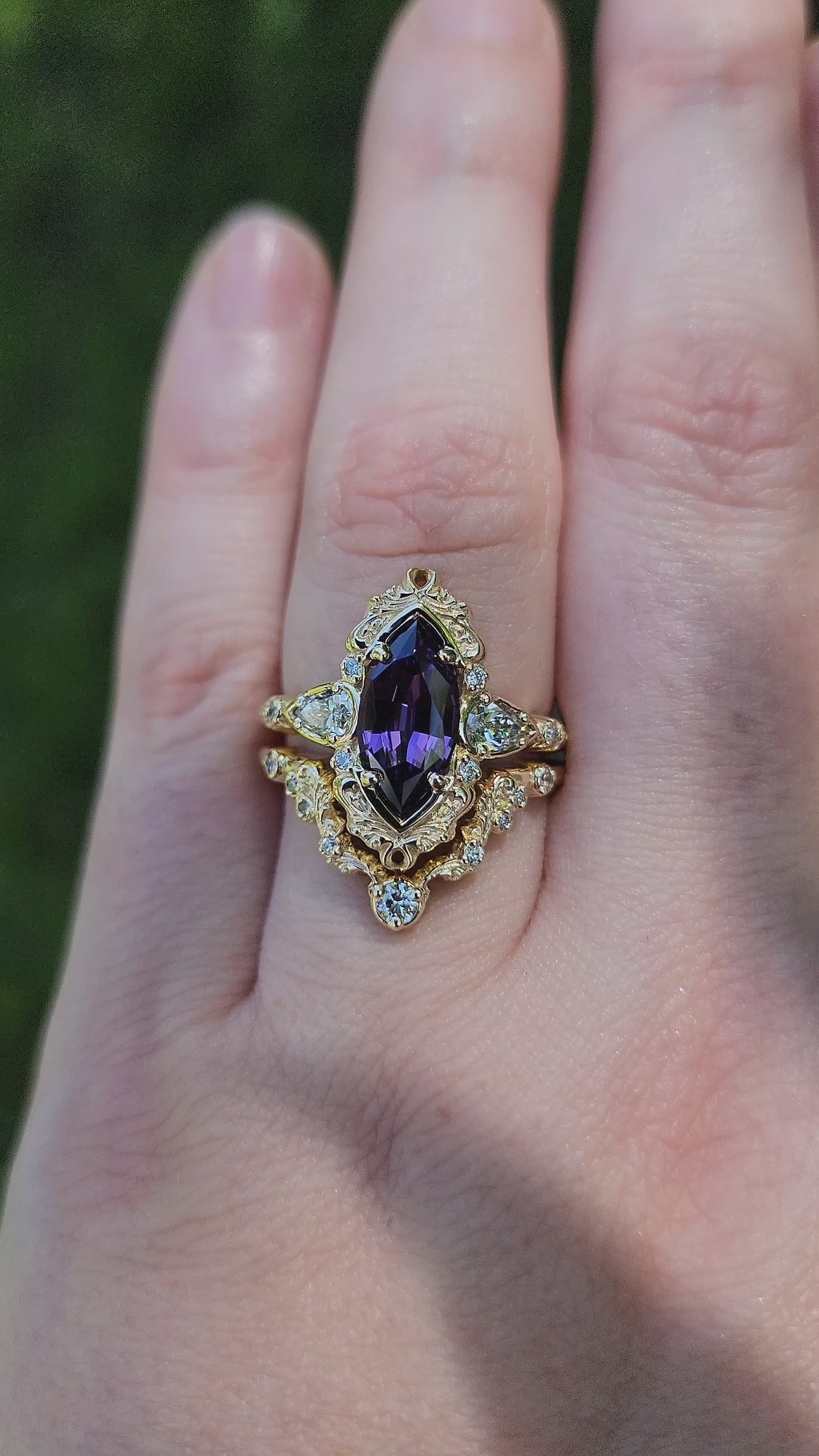 Load and play video in Gallery viewer, 2.35ct Chatham Purple Marquise Sapphire Odette Ring Set 14k Yellow Gold video
