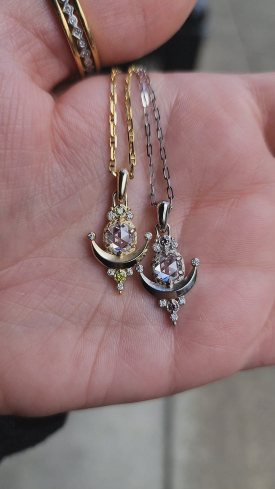 Load and play video in Gallery viewer, Ready to Ship - Rose Cut Moissanite Moon Drop Pendants with Irradiated Purple or Yellow Diamonds - 14k Yellow Gold &amp;amp; 14k White Gold
