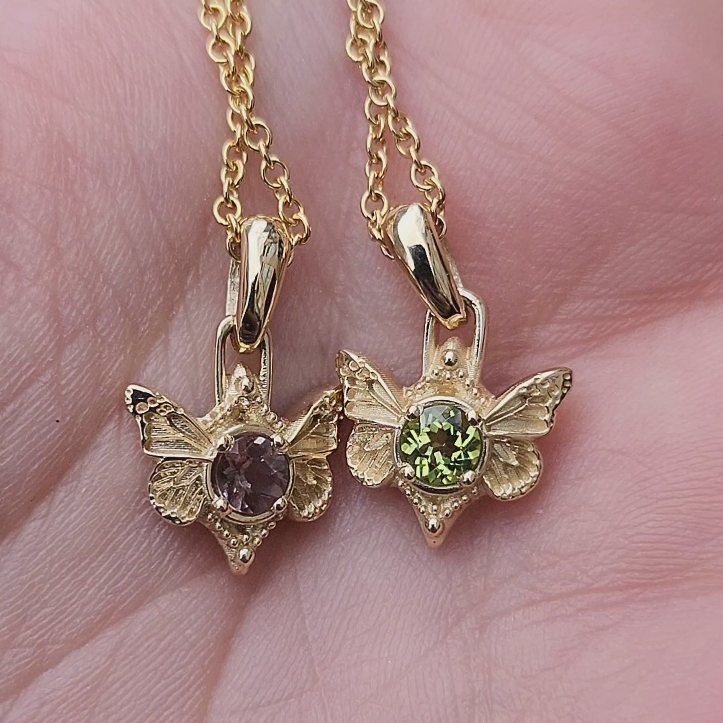 Load and play video in Gallery viewer, Butterfly Faerie Pendant with Peridot or Oregon Sunstone - 14k Yellow Gold Fairytale Fantasy Necklace Ready to Ship

