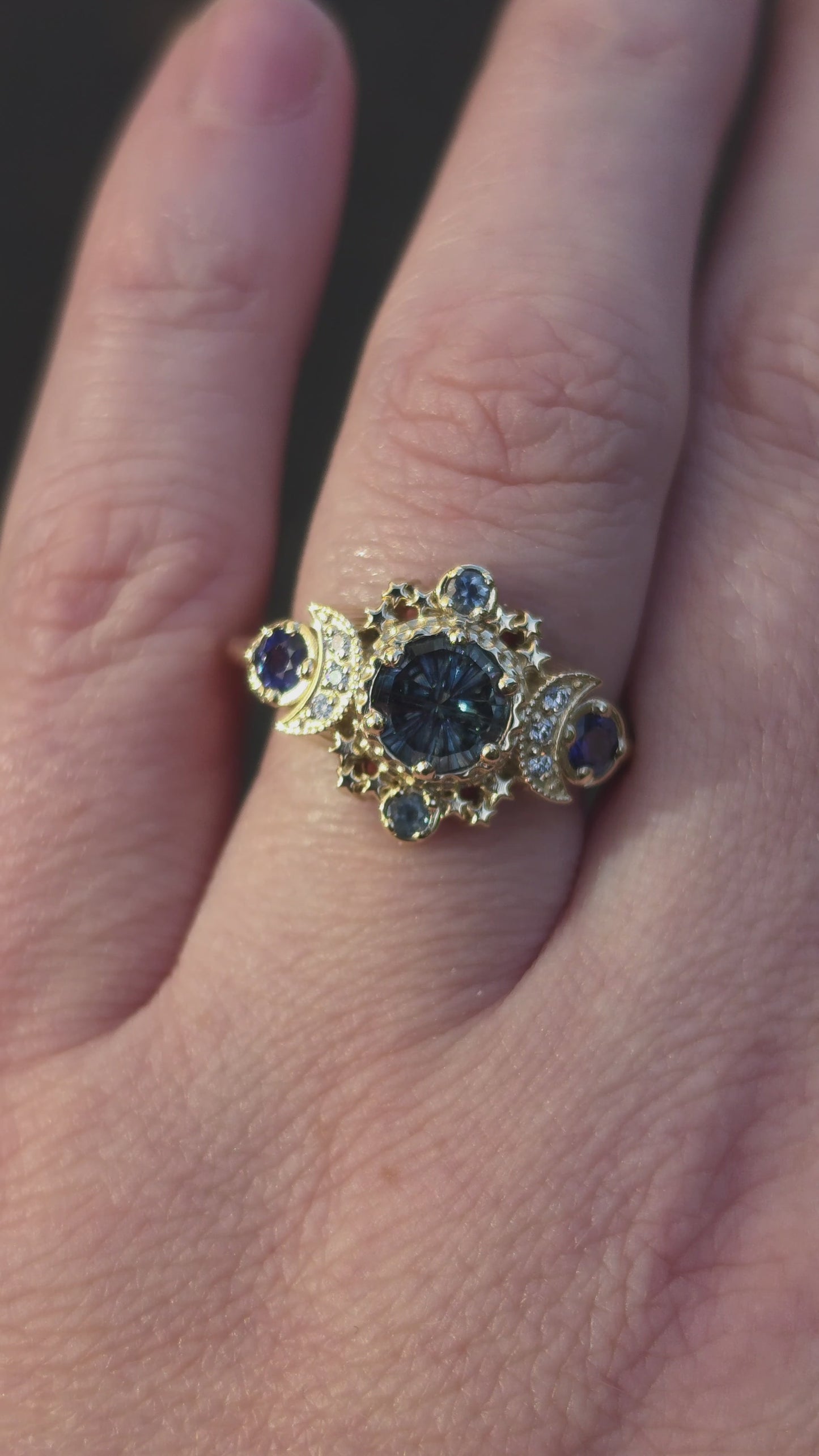 Load and play video in Gallery viewer, Ready to Ship Size 7-9 Cosmos with Fantasy Cut Blue Montana Sapphire 14k Yellow Gold
