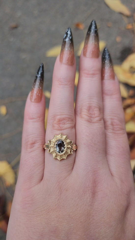 Load and play video in Gallery viewer, Morticia Spider Web Engagement Ring Gothic 14k Gold Fine Jewelry by SwankMetalsmithing
