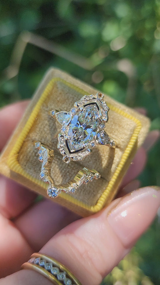 Load and play video in Gallery viewer, 2.21ct Lab Diamond Odette Marquise Engagement Ring Set filigree details baroque ready to ship video 2
