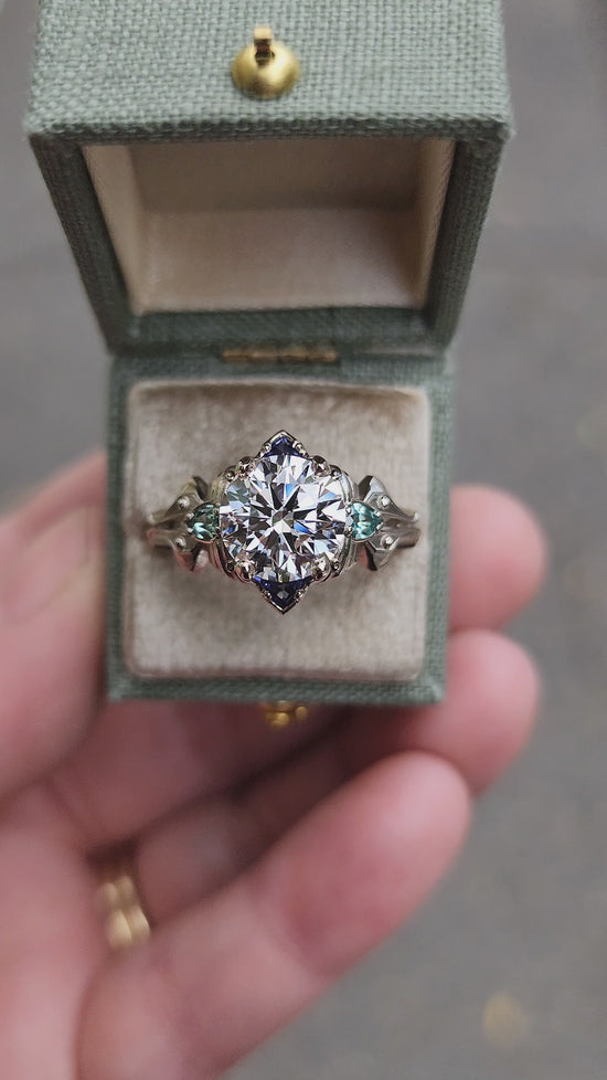 Load and play video in Gallery viewer, Ready to Ship Size 6-8 2.47ct Diamond Luna Moth Engagement Ring with Lab Chrysoberyl &amp;amp; Sapphire Trillions - 14k Palladium White Gold
