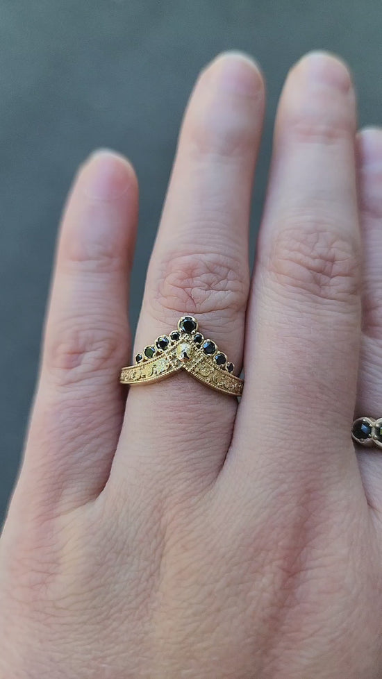 Load and play video in Gallery viewer, Ready to Ship Size 6-8 - Black Diamond Luna Diadem Chevron Wedding Band with Moon Phases and Full Moon and Stardust - Stacking Celestial Unique Gold Ring
