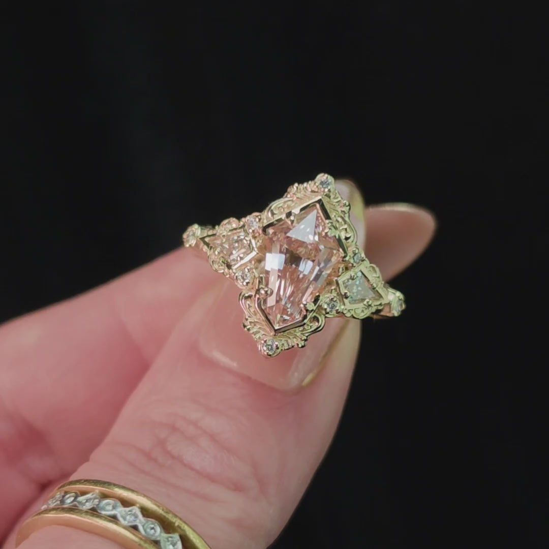 Load and play video in Gallery viewer, Ready to Ship Size 6-8 - Pink Shield Diamond Odessa Art Deco Engagement Ring 14k Yellow Gold

