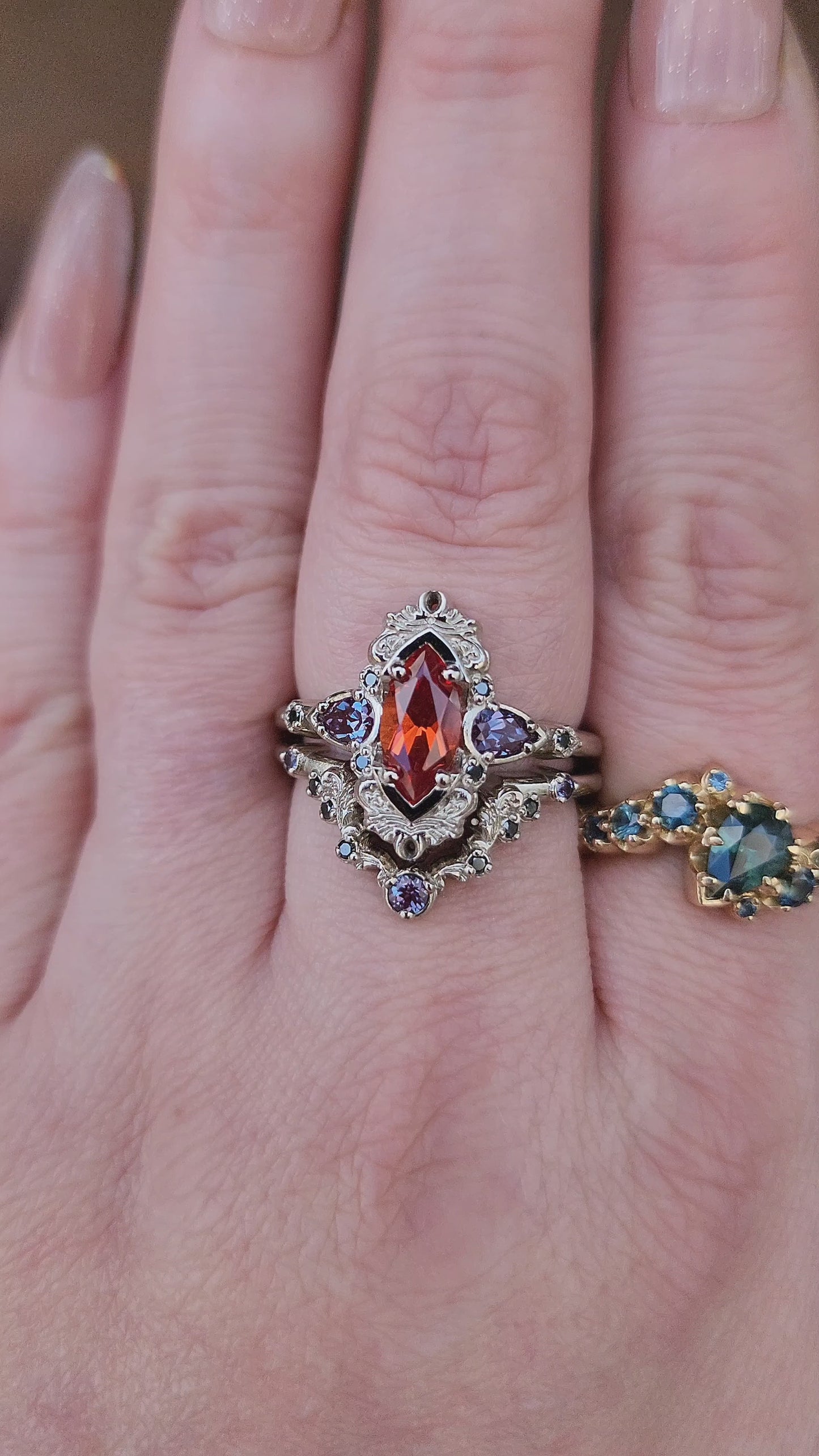 Load and play video in Gallery viewer, Pumpkin Queen Odile Padparadscha Sapphire Marquise Engagement Ring Set with Antique Details by SwankMetalsmithing video
