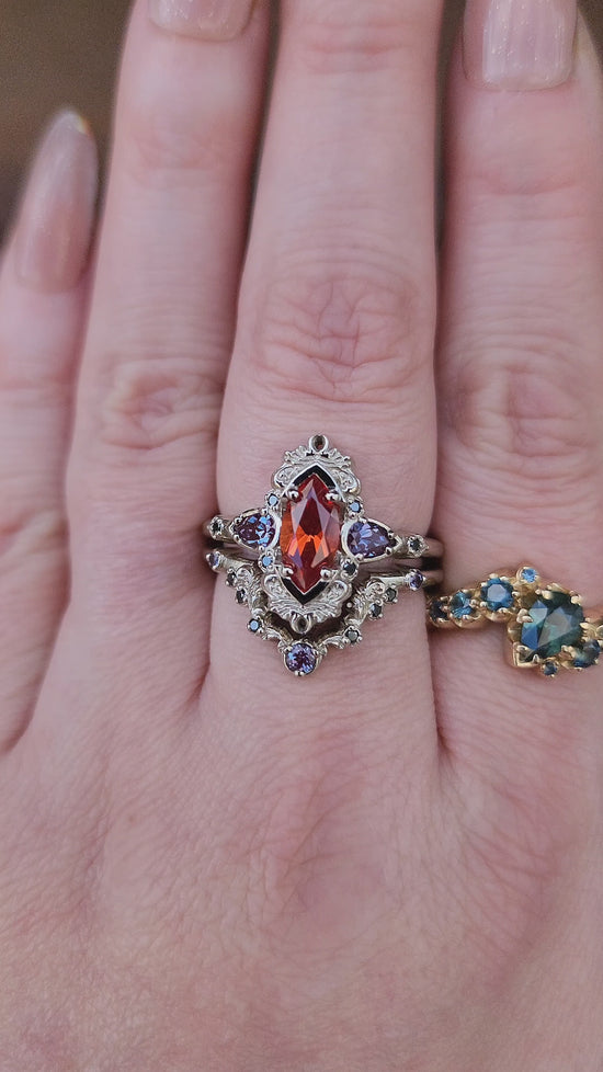 Load and play video in Gallery viewer, Pumpkin Queen Odile Padparadscha Sapphire Marquise Engagement Ring Set with Antique Details by SwankMetalsmithing video

