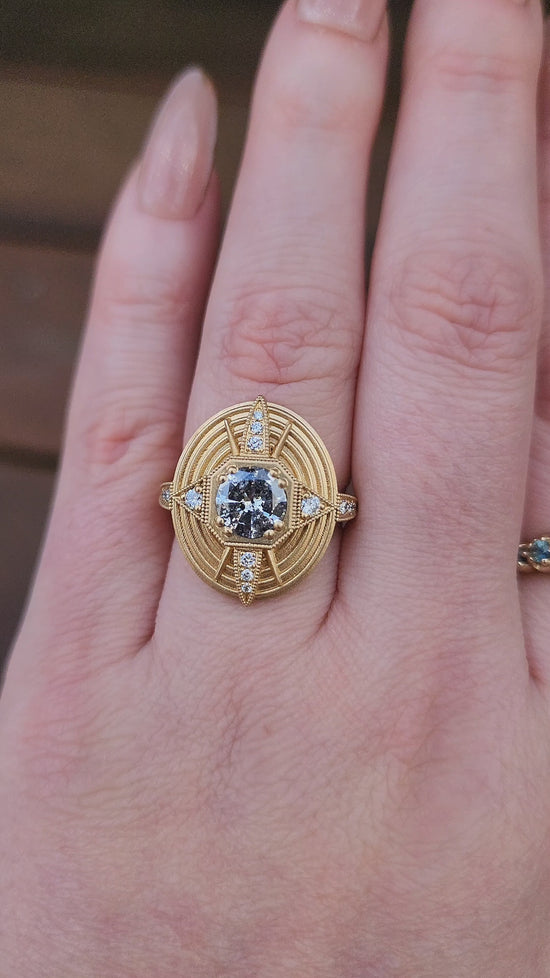 Load and play video in Gallery viewer, Art Deco Compass Ring with Salt &amp;amp; Pepper Diamond Center and White Diamonds - Sandblasted 14k Yellow Gold video 2
