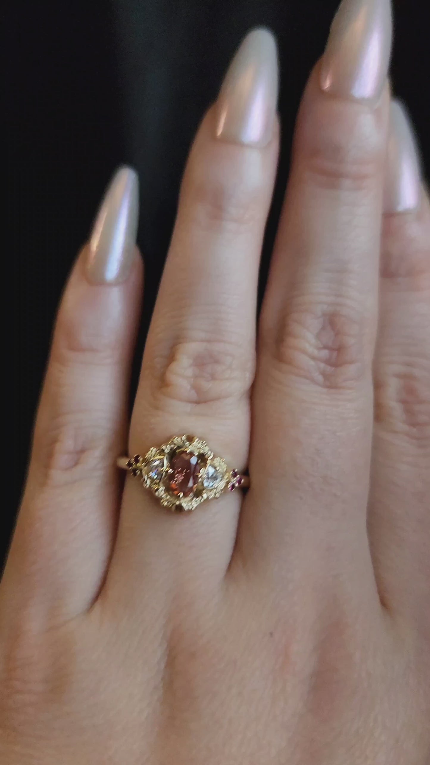 Load and play video in Gallery viewer, Ophelia Oregon Sunstone Delicate Filigree Engagement Ring with Trillions and Rubies 14k Gold Handcrafted
