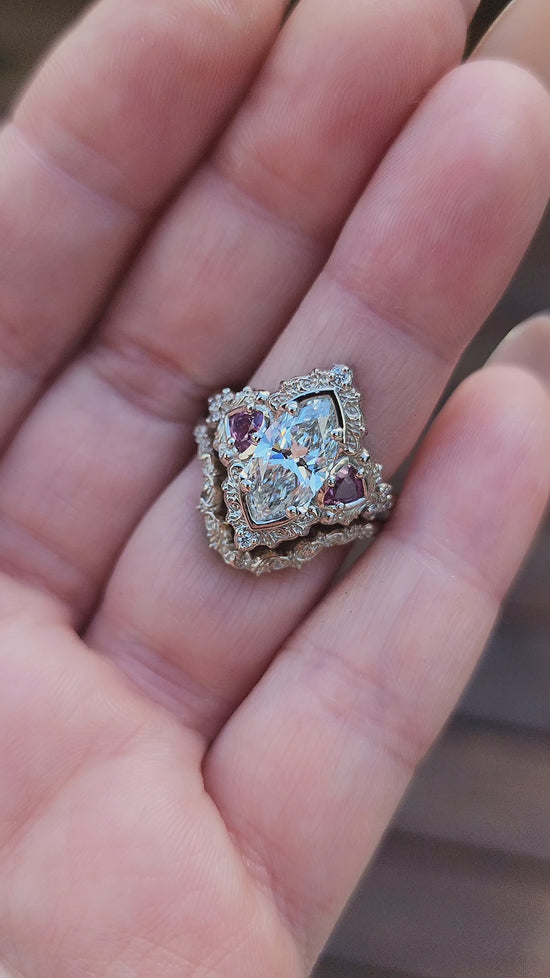 Load and play video in Gallery viewer, 1.64ct Marquise Lab Diamond Delilah Engagement Ring Set with Pink Sapphire Trillions 14k Palladium White Gold video
