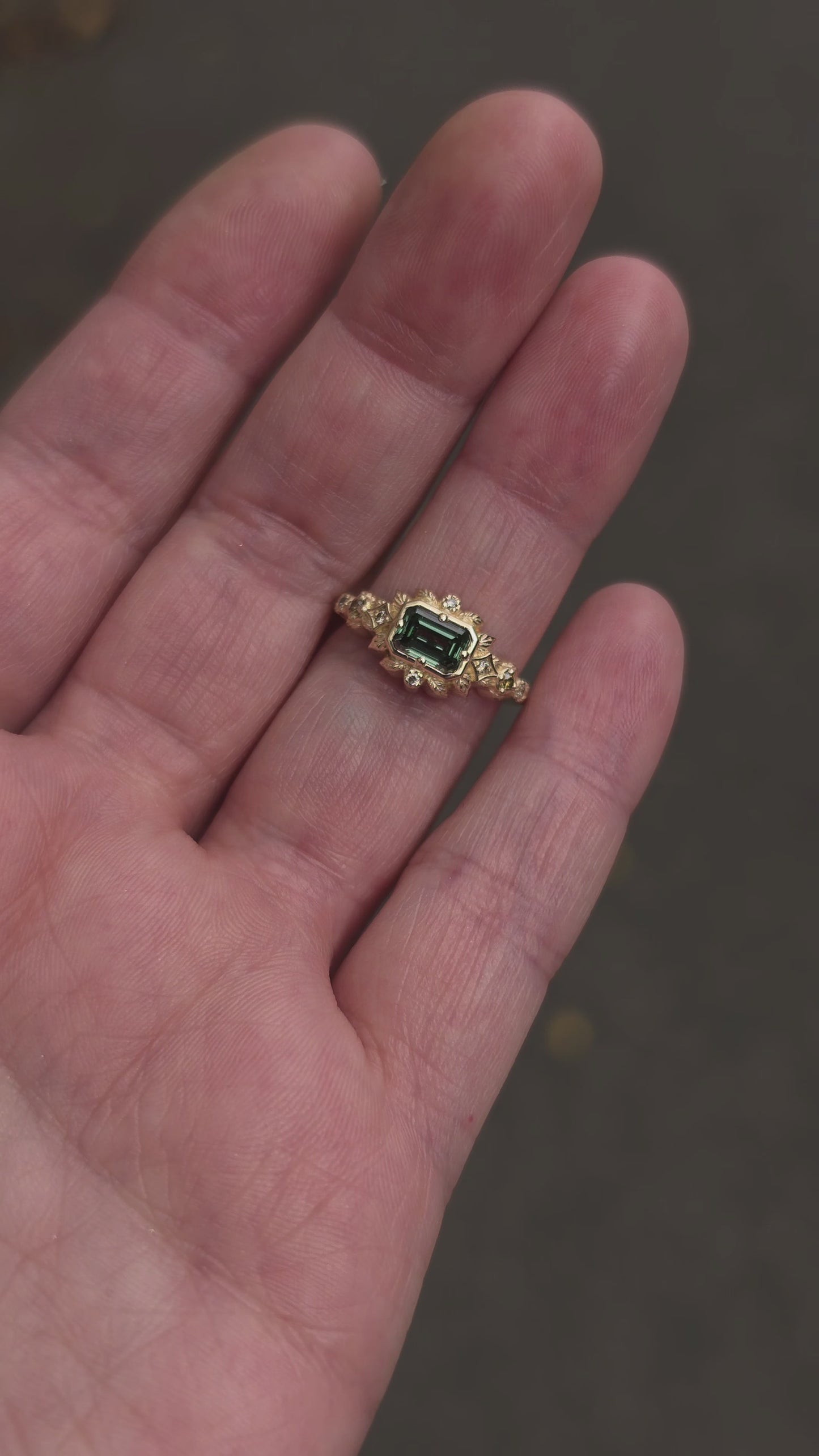 Load and play video in Gallery viewer, Ready to Ship Size 4 - 6 Florence Emerald Cut Green Diamond Leaf Ring
