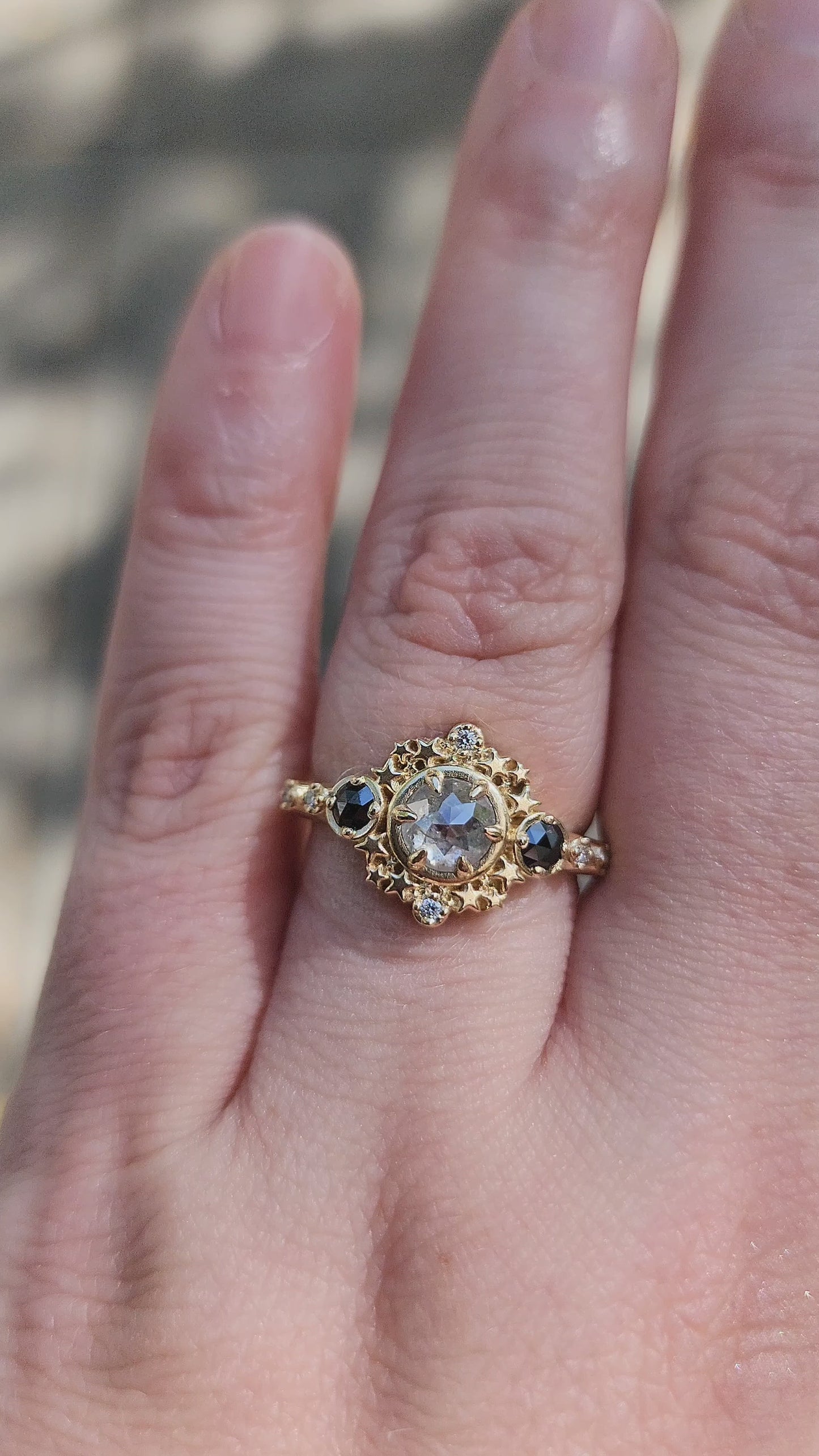 Load and play video in Gallery viewer, Gray Rose Cut Salt and Pepper Diamond Stardust Ring with Black and White Diamonds video
